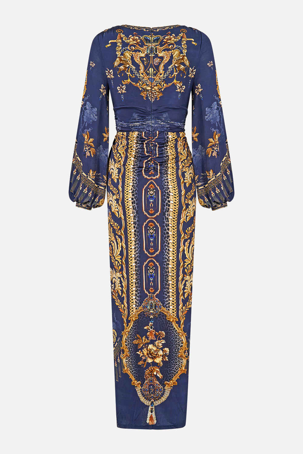 The CAMILLA Waisted Draped Jersey Dress in our Cloaked in Baroque print, back view.