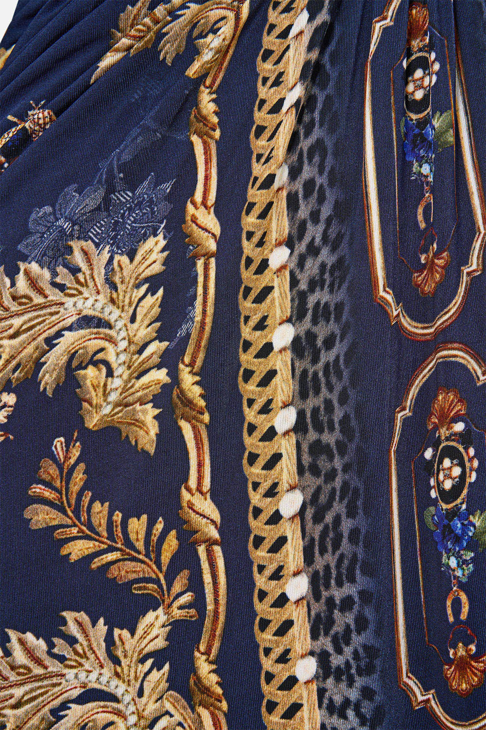 The CAMILLA Waisted Draped Jersey Dress in our Cloaked in Baroque print, fabric detail.
