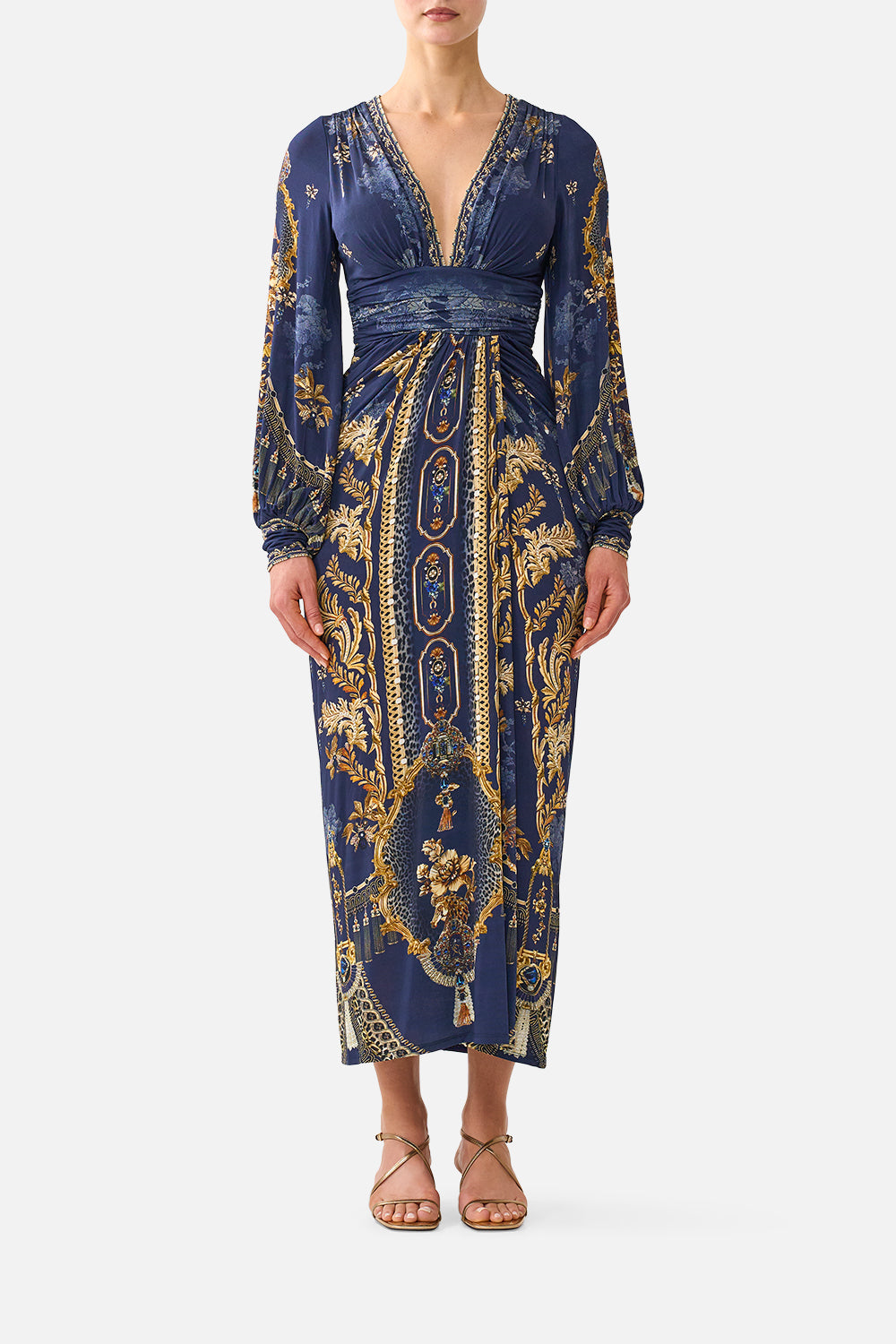 The CAMILLA Waisted Draped Jersey Dress in our Cloaked in Baroque print, front view on model.