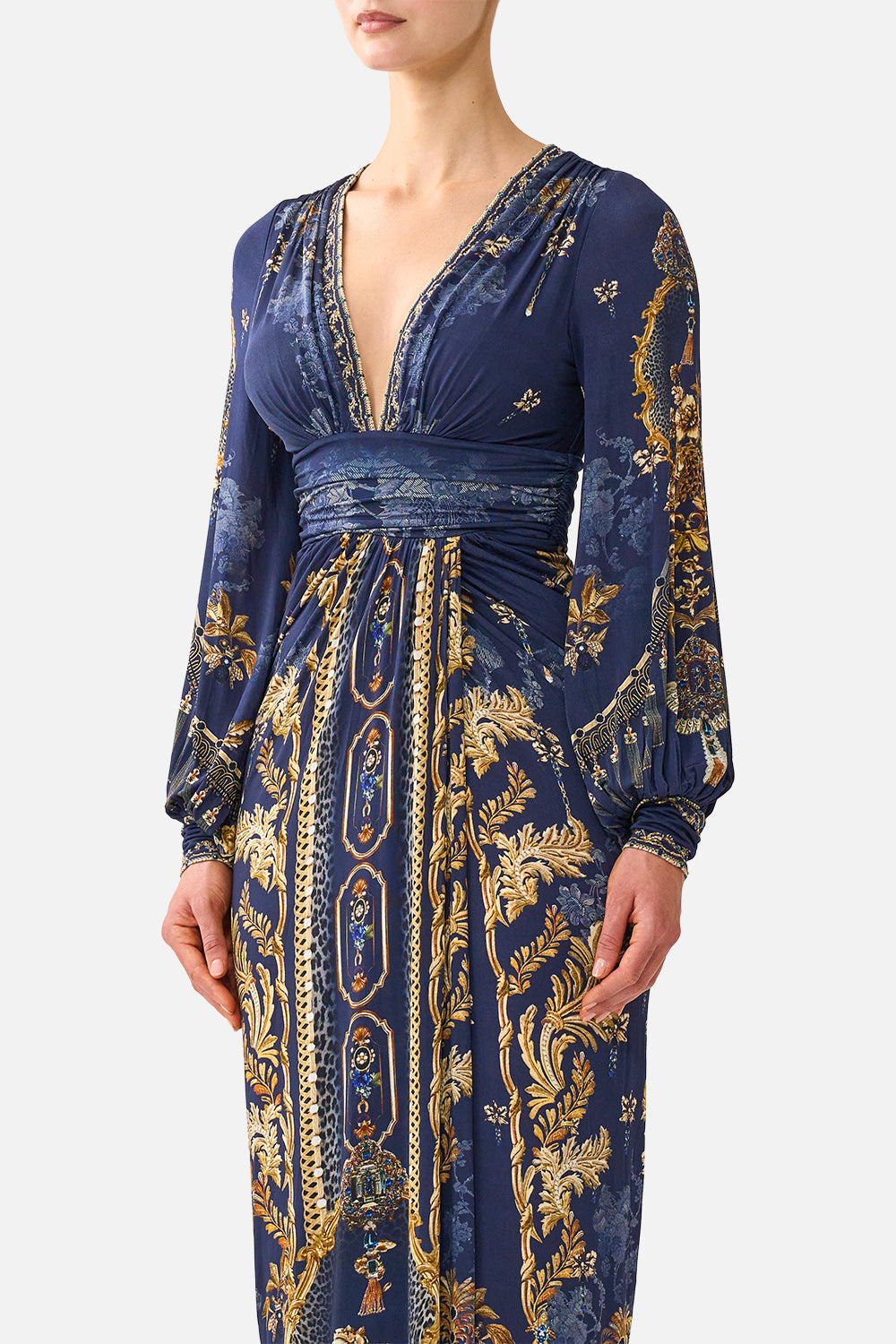 The CAMILLA Waisted Draped Jersey Dress in our Cloaked in Baroque print, detail view on model.