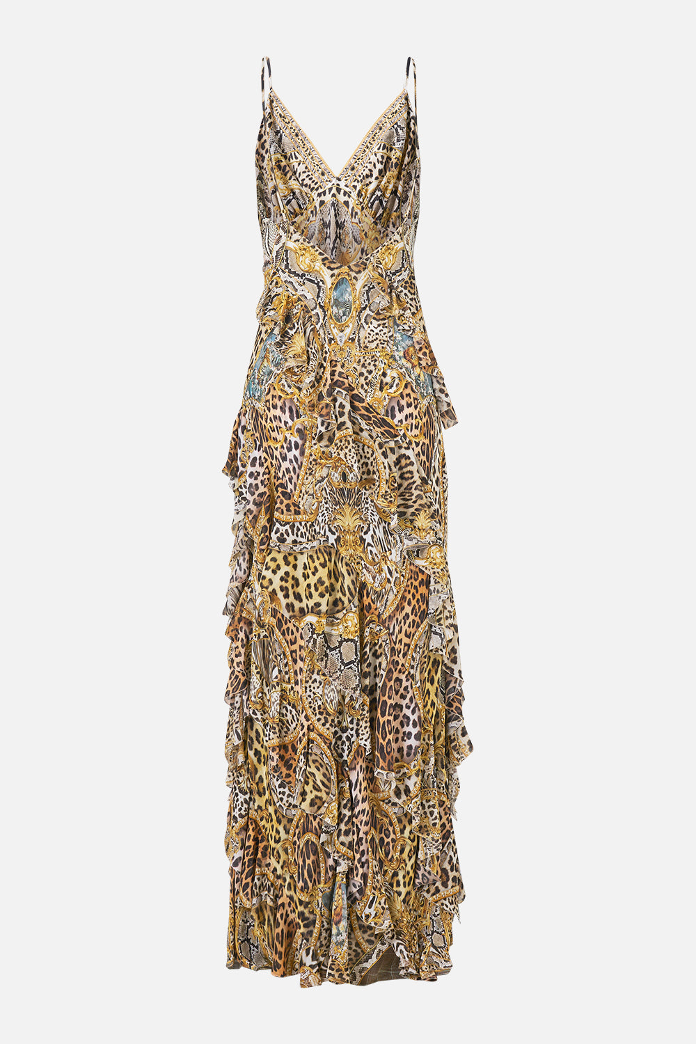The CAMILLA ASYMMETRICAL RUFFLE SLIP DRESS LEOPARD LIBERTINE