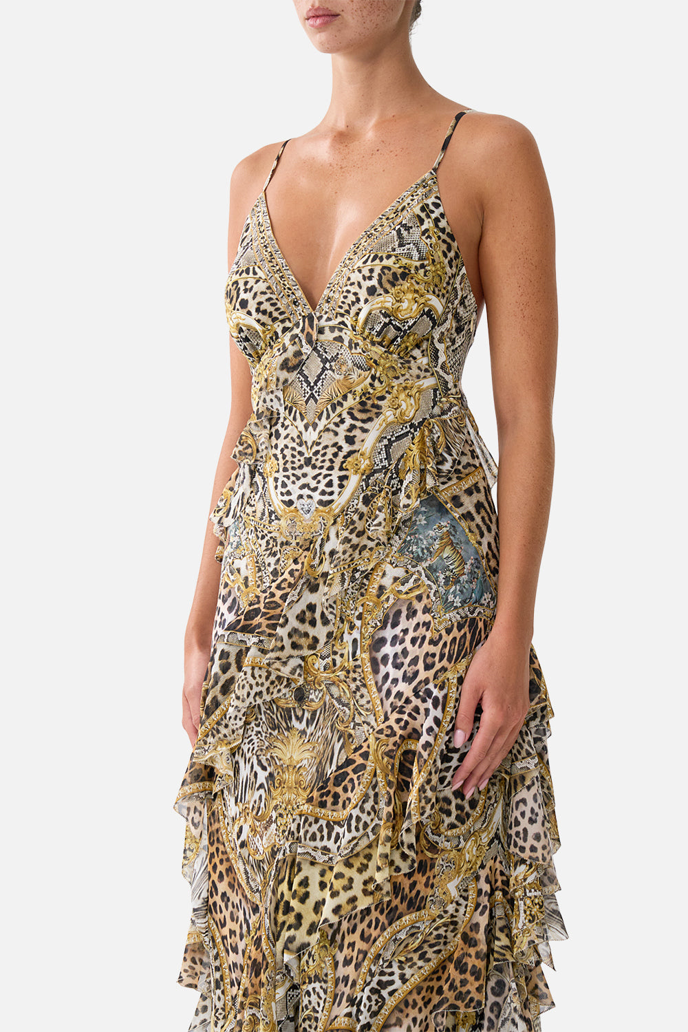 The CAMILLA ASYMMETRICAL RUFFLE SLIP DRESS LEOPARD LIBERTINE