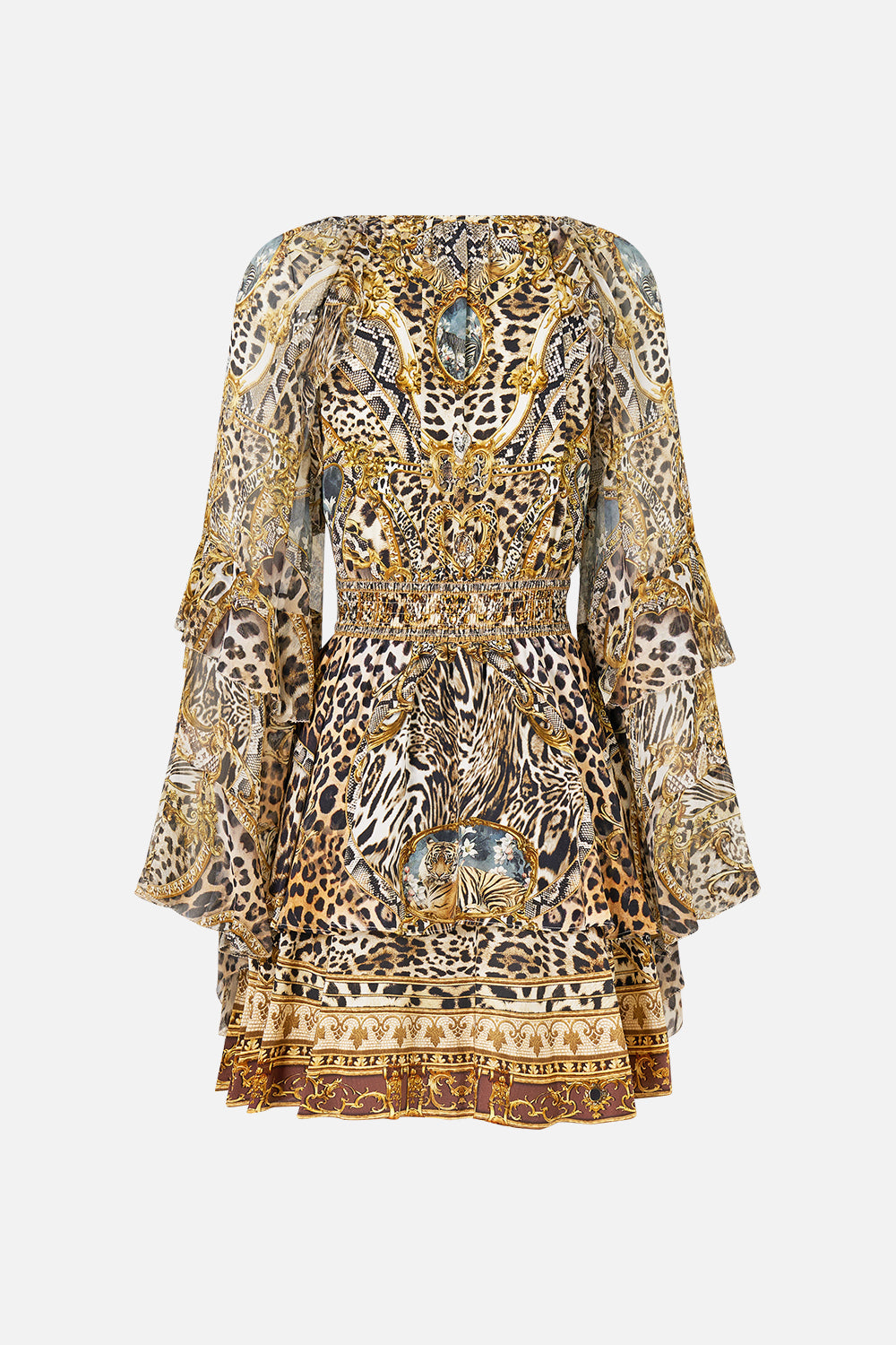 The CAMILLA SHORT WAISTBAND DRESS WITH RUFFLE SLEEVE LEOPARD LIBERTINE