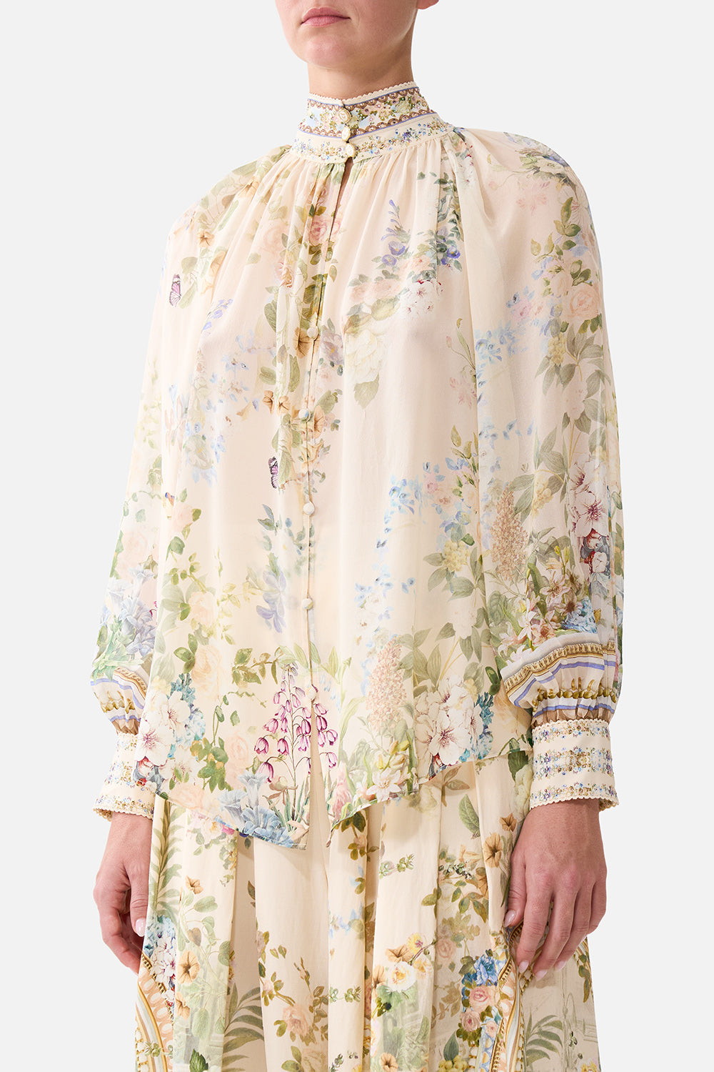 The CAMILLA Raglan Button Up Shirt Midsummer Masterpiece in our Midsummer Masterpiece print.