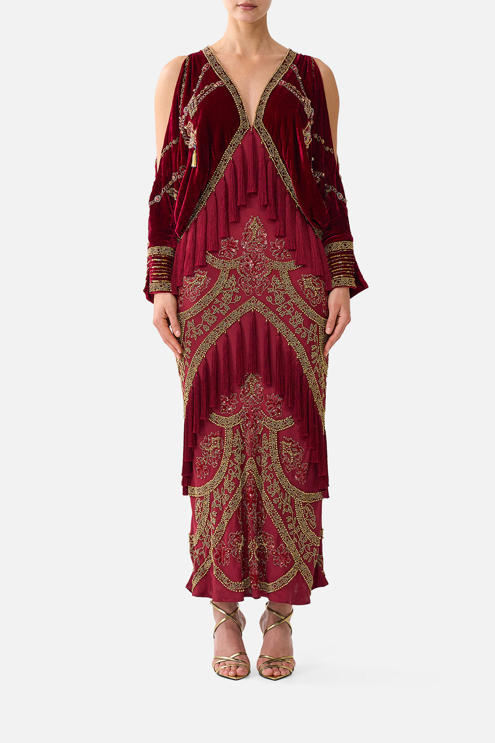 The CAMILLA Velvet Plunge Neck Draped Shoulder Dress in our Call Me a Carriage print, front view on model.