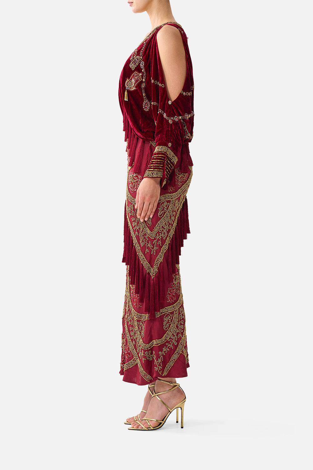 The CAMILLA Velvet Plunge Neck Draped Shoulder Dress in our Call Me a Carriage print, side view on model.