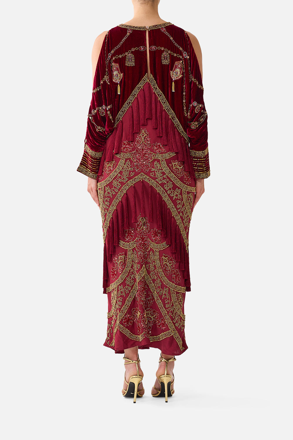 The CAMILLA Velvet Plunge Neck Draped Shoulder Dress in our Call Me a Carriage print, back view on model.