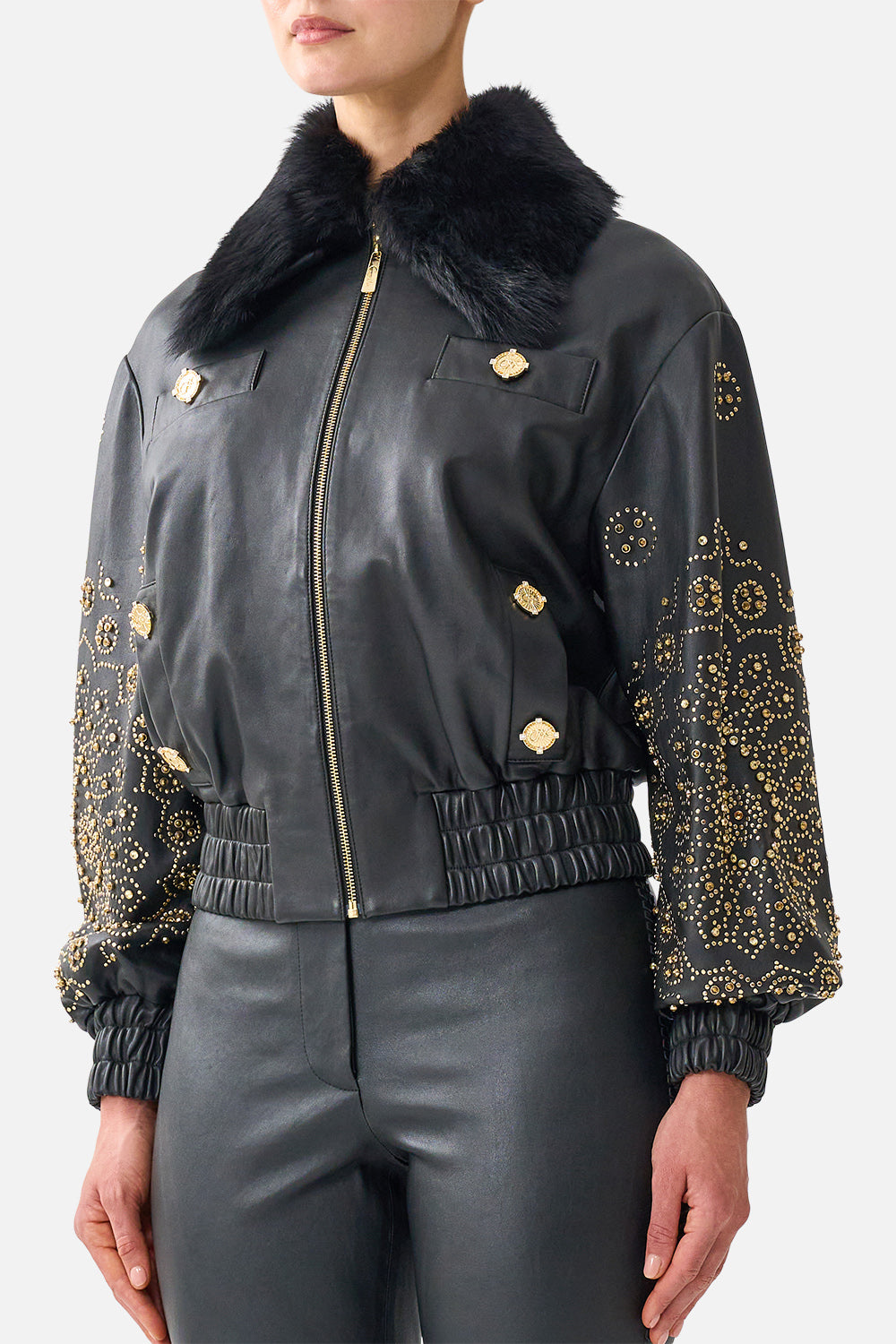 The CAMILLA Leather Bomber with Pocket Details in our The Secession Sessions print, detail view on model.