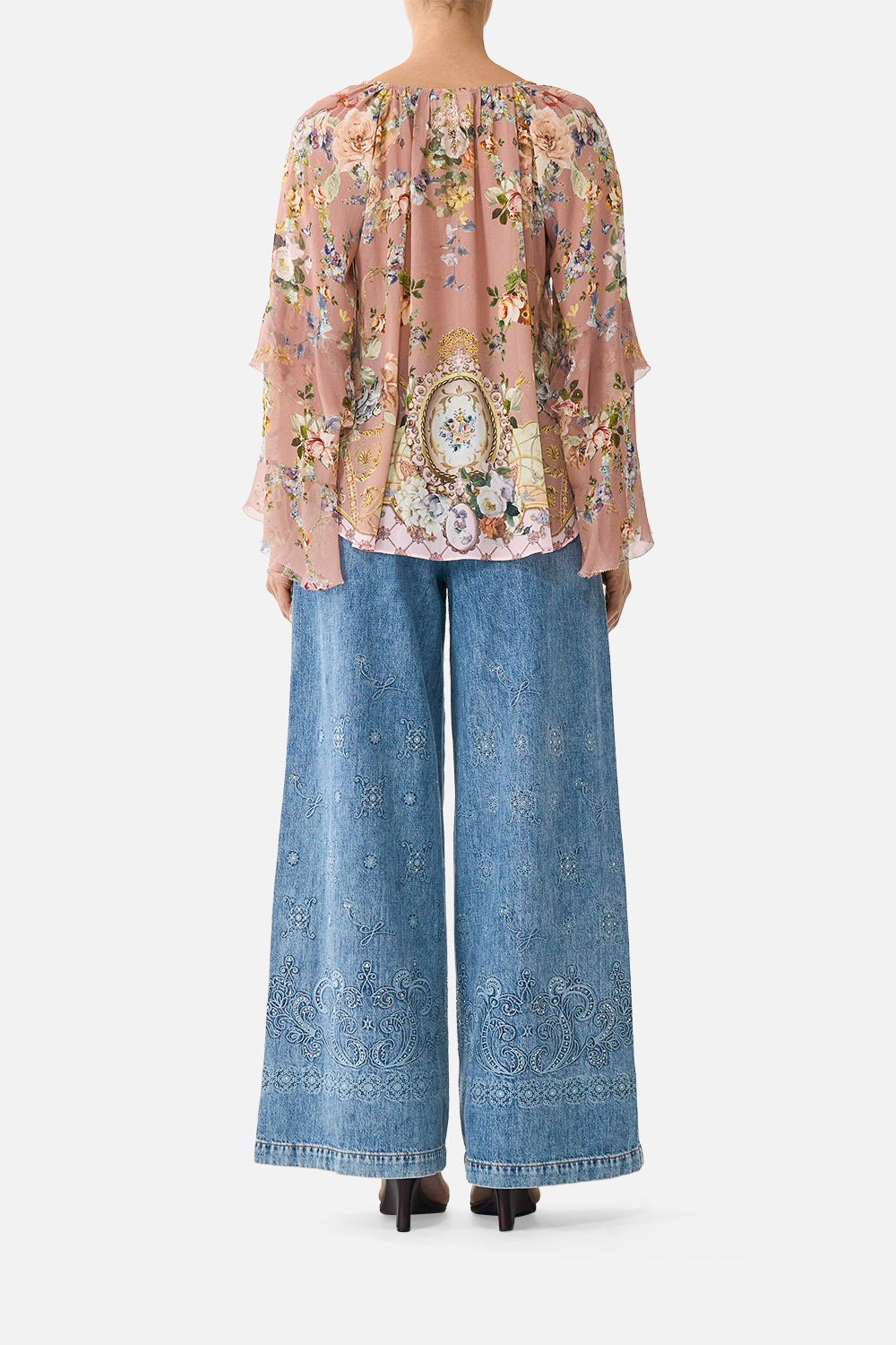 The CAMILLA LACE UP V NECK BLOUSE WITH CASCADE RUFFLES CHAMBER OF BLOOMS