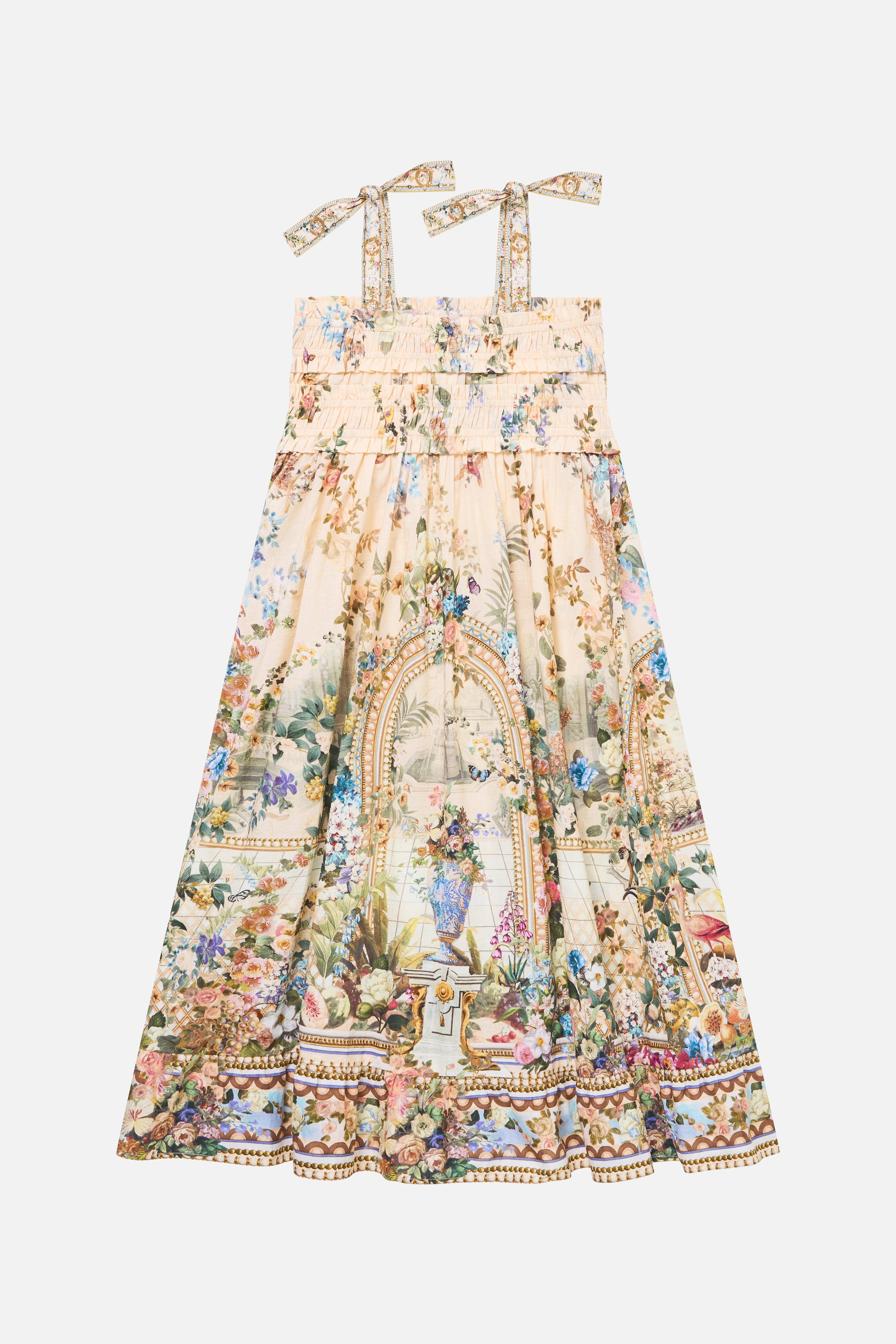 ROBE LONGUE FRONCÉE ENFANT AVEC BRETELLES À NŒUDS CHEF-D'ŒUVRE ESTIVAL