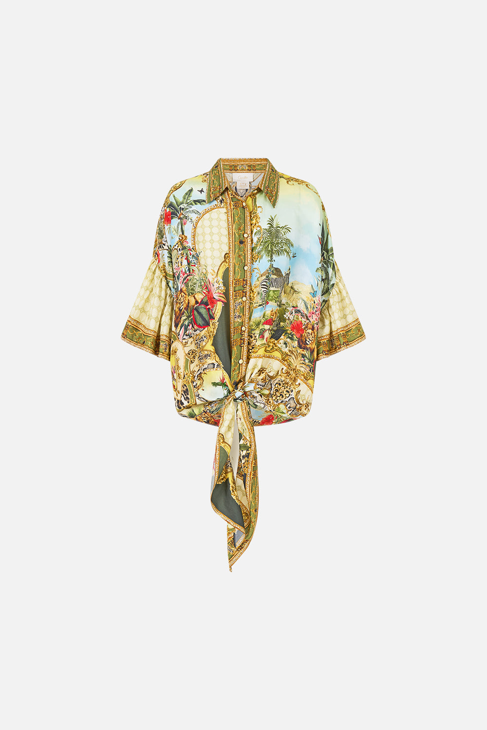 The CAMILLA Tie Front Shirt with Sleeve Frill in our Wanderlust Empire print, front view.