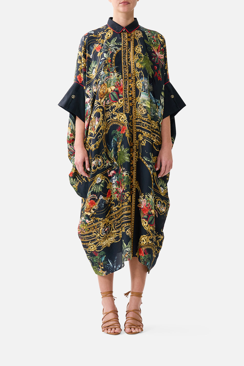 The CAMILLA Batwing Kaftan in our Palace Zoology print, front view on model.