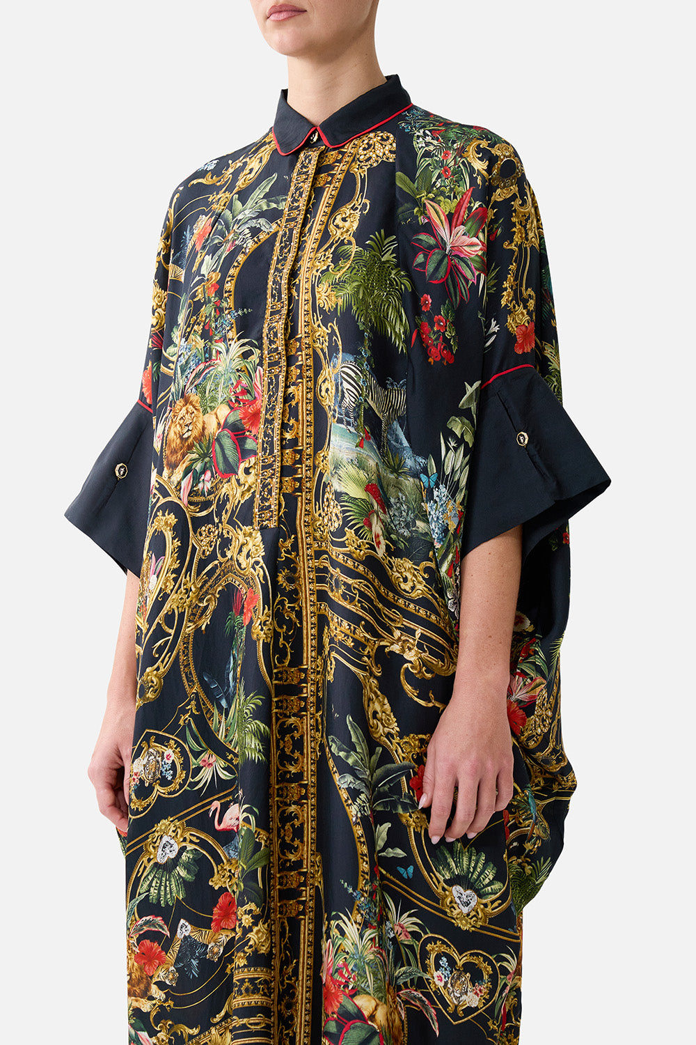 The CAMILLA Batwing Kaftan in our Palace Zoology print, detail view on model.