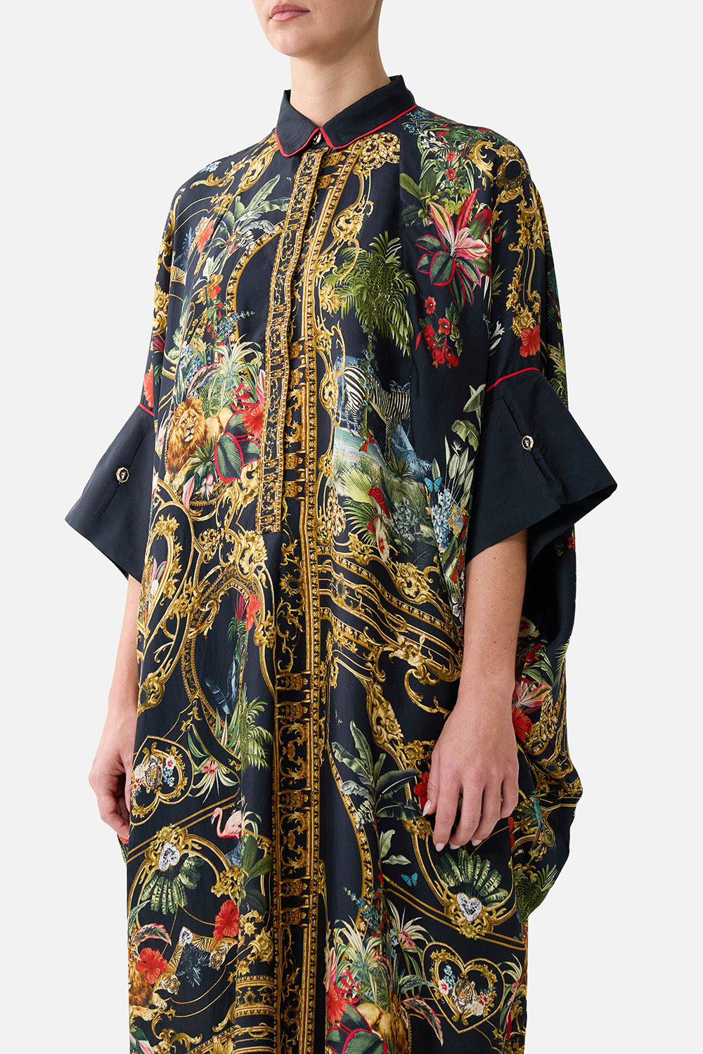 The CAMILLA Batwing Kaftan in our Palace Zoology print, detail view on model.