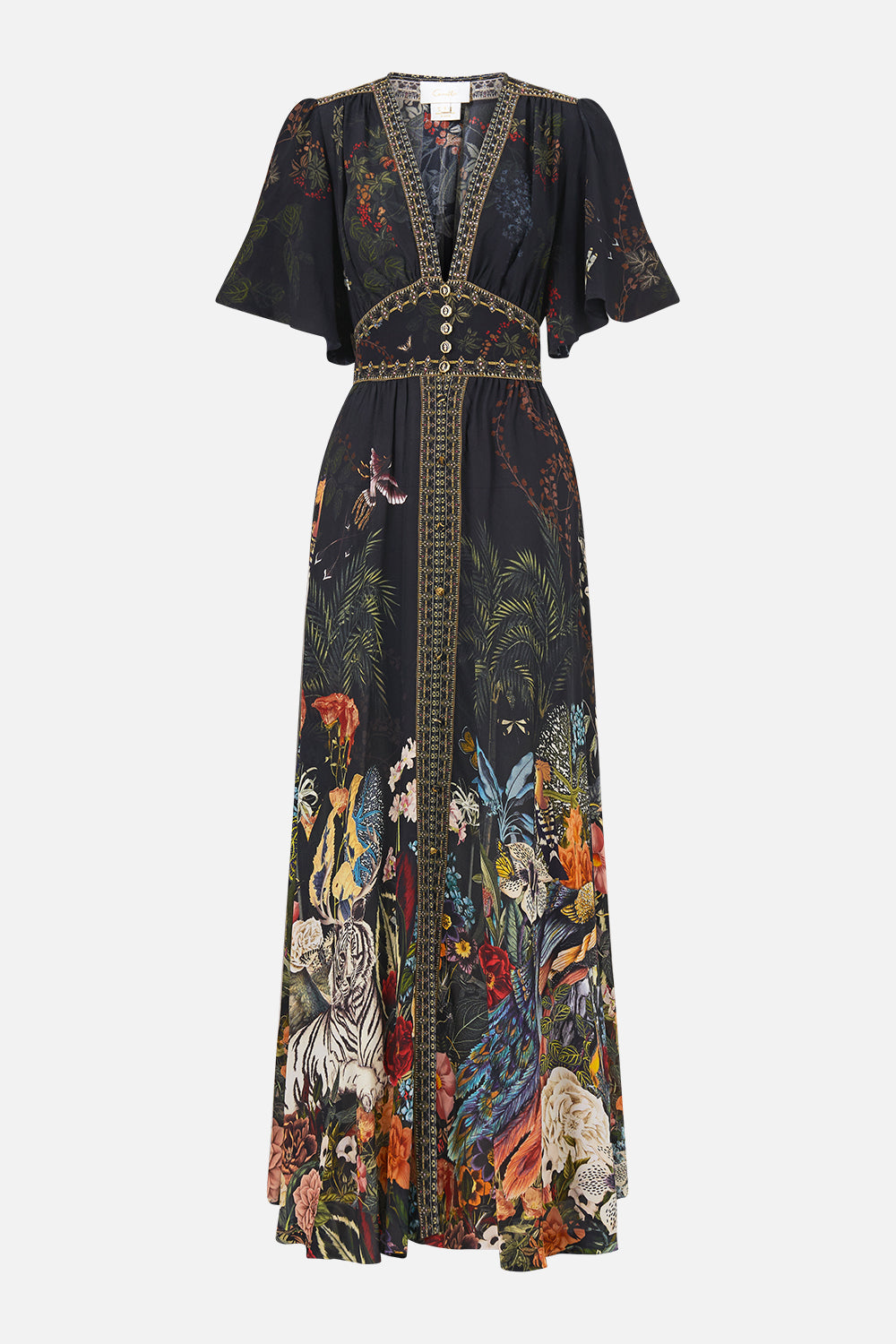 The CAMILLA Shaped Waistband Dress With Flutter Sleeves Palace Zoology in our Palace Zoology print.