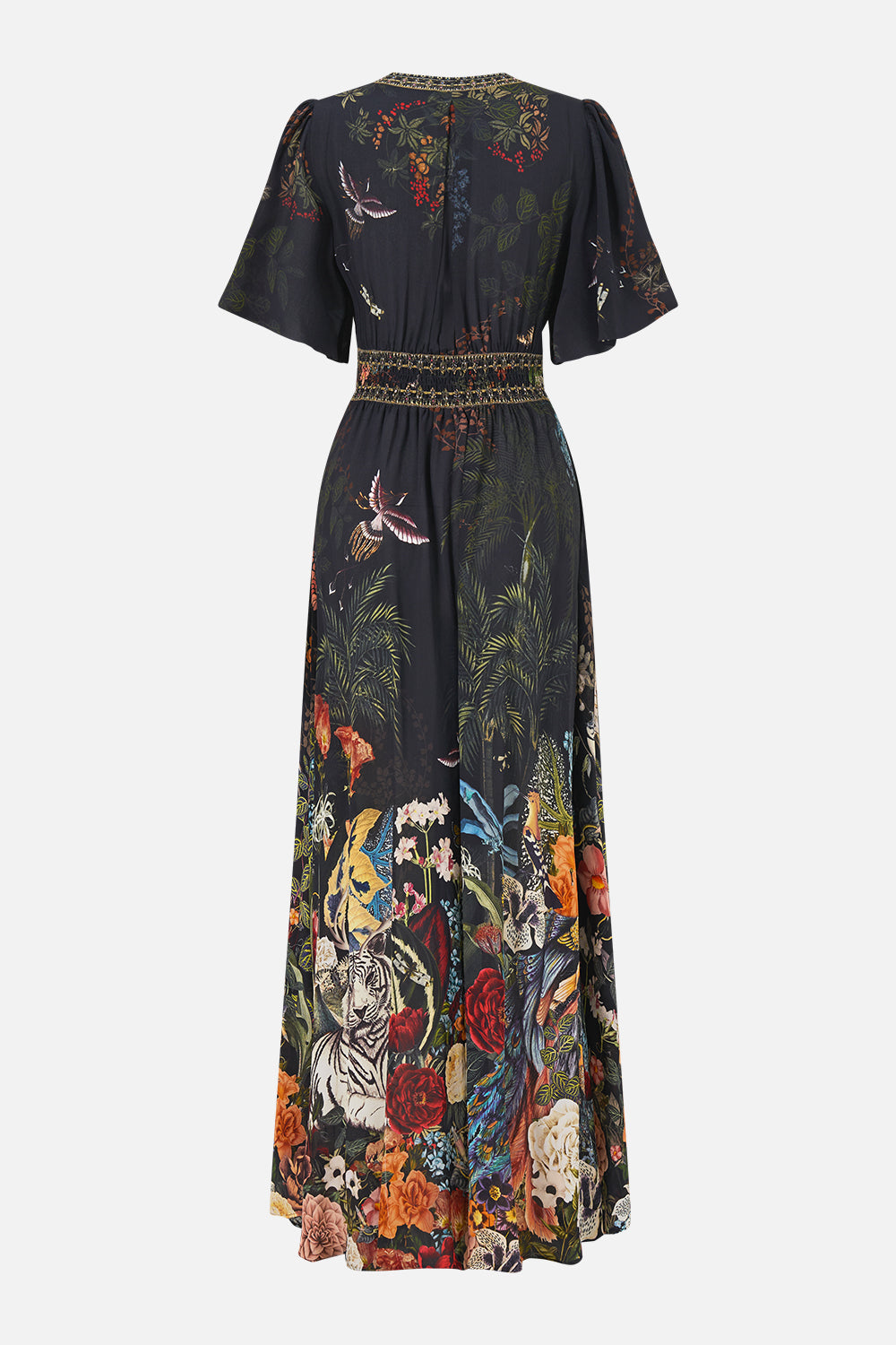 The CAMILLA Shaped Waistband Dress With Flutter Sleeves Palace Zoology in our Palace Zoology print.