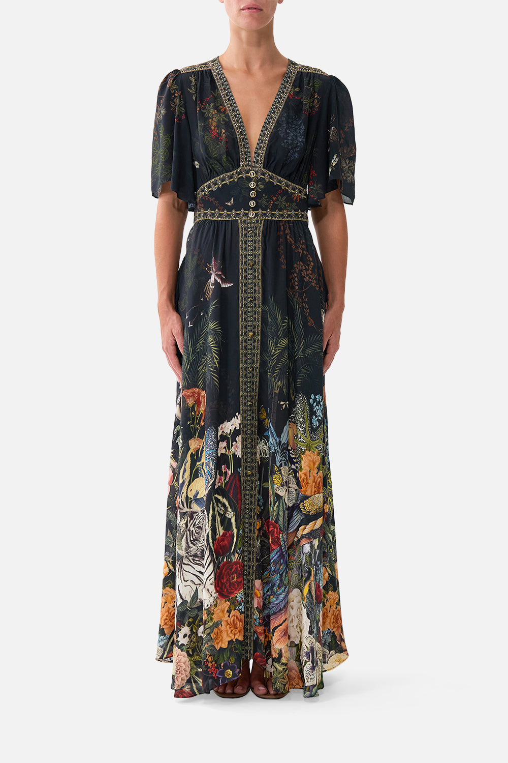 The CAMILLA Shaped Waistband Dress with Flutter Sleeves in our Palace Zoology print, front view on model.