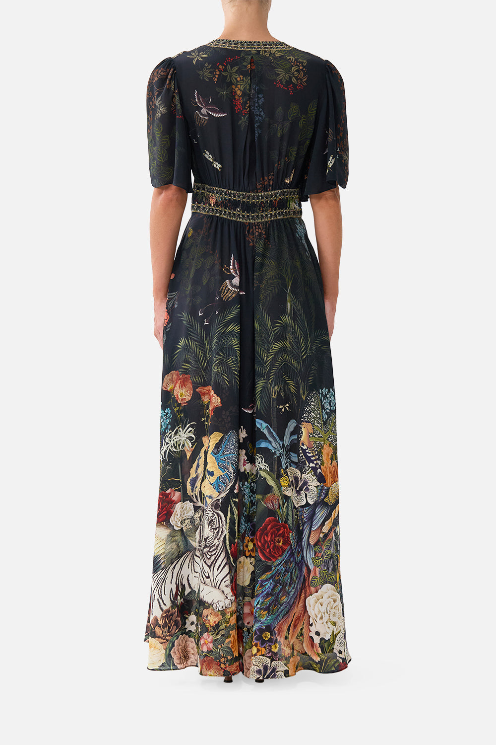 The CAMILLA Shaped Waistband Dress with Flutter Sleeves in our Palace Zoology print, back view on model.