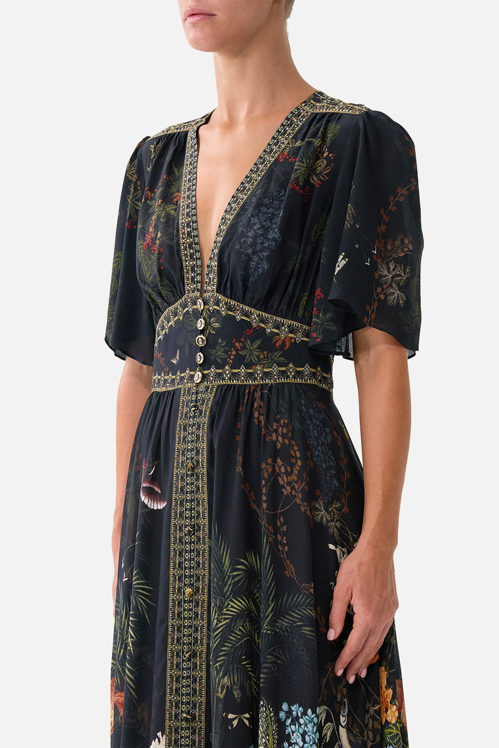 The CAMILLA Shaped Waistband Dress With Flutter Sleeves Palace Zoology in our Palace Zoology print.