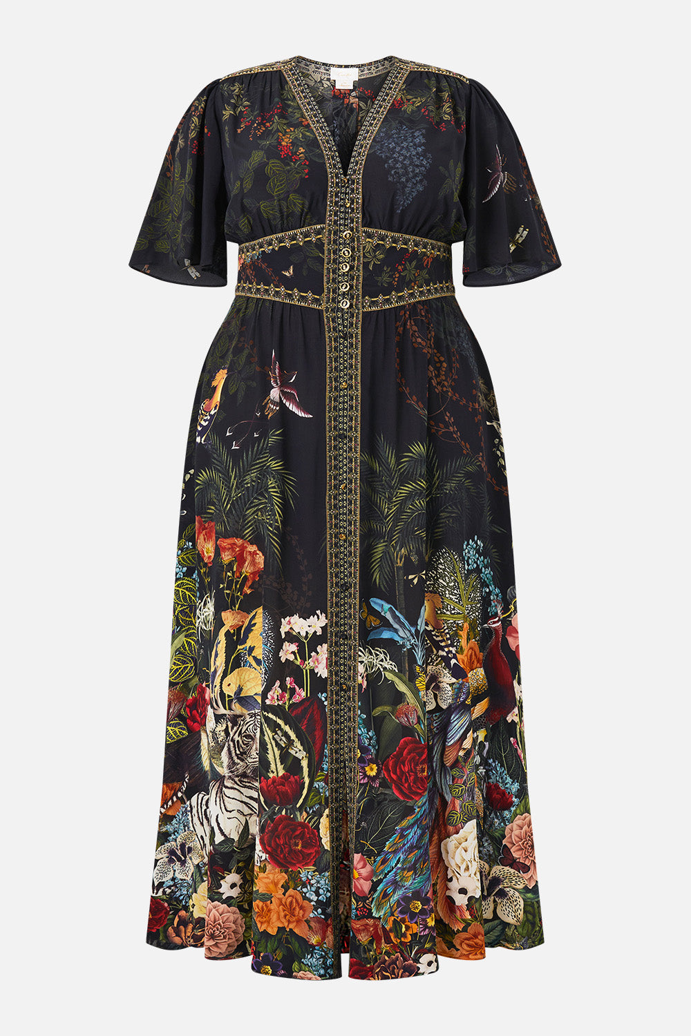 The CAMILLA Shaped Waistband Dress With Flutter Sleeves Palace Zoology in our Palace Zoology print.