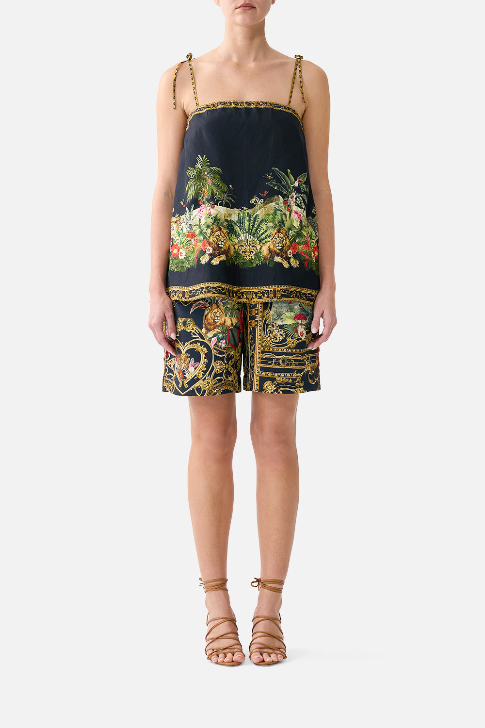 The CAMILLA Straight Scarf Top in our Palace Zoology print, front view on model.
