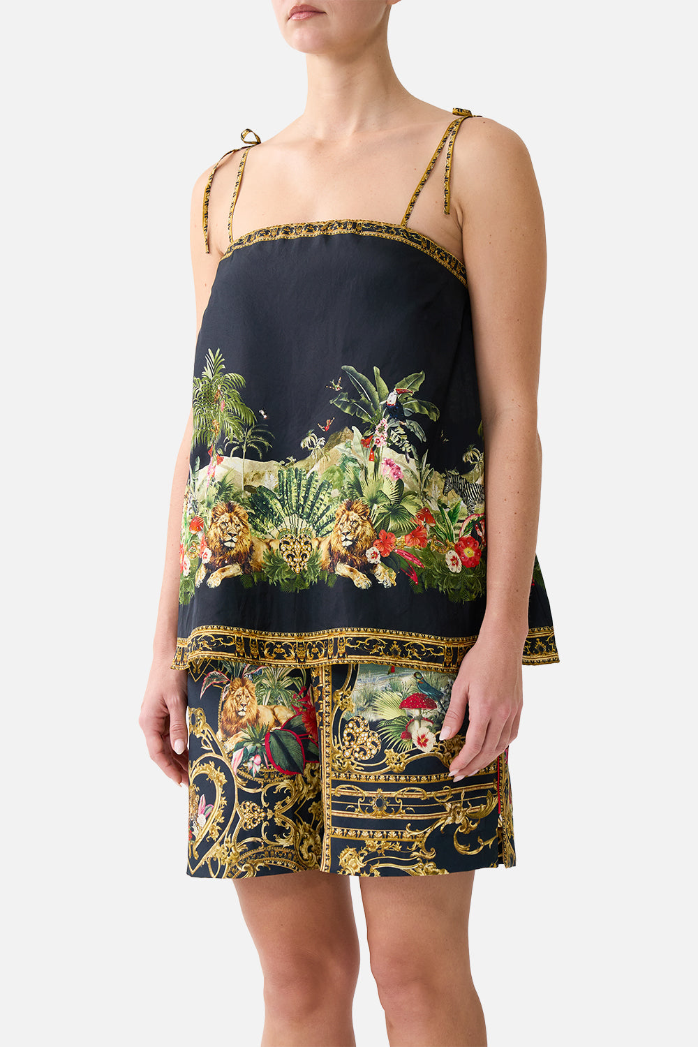 The CAMILLA Straight Scarf Top in our Palace Zoology print, detail view on model.