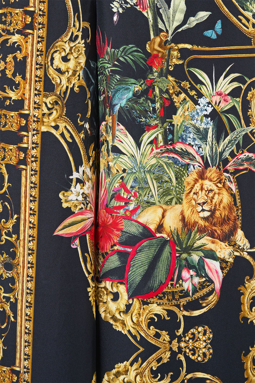 The CAMILLA Cropped Wide Leg Panel Pant in our Palace Zoology print, fabric detail.