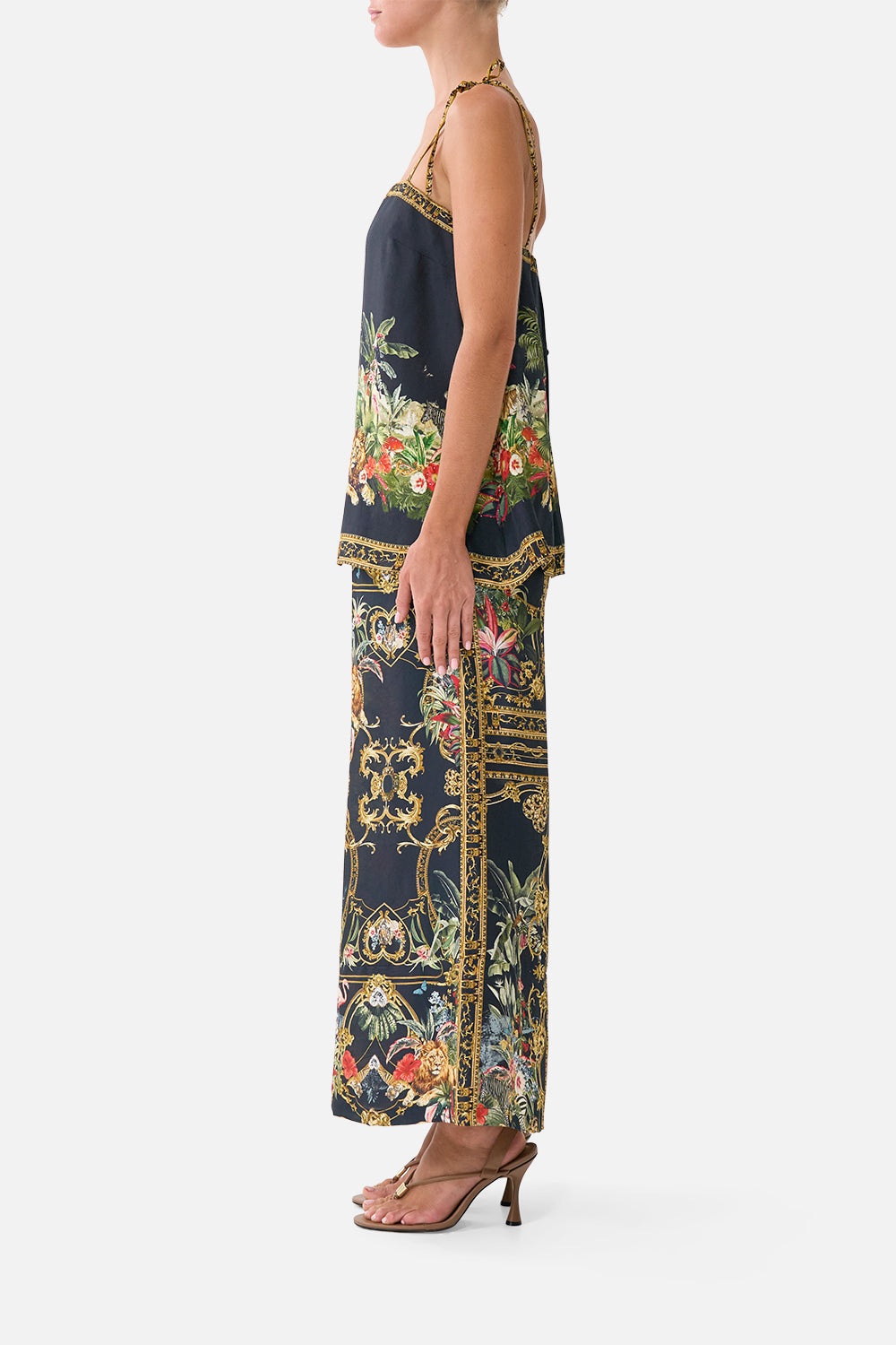 The CAMILLA Cropped Wide Leg Panel Pant in our Palace Zoology print, side view on model.
