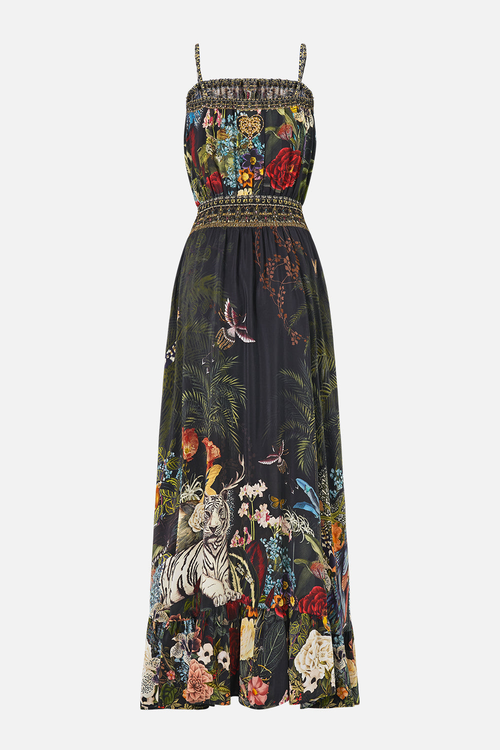 The CAMILLA Shirred Waist Long Dress in our Palace Zoology print, back view.