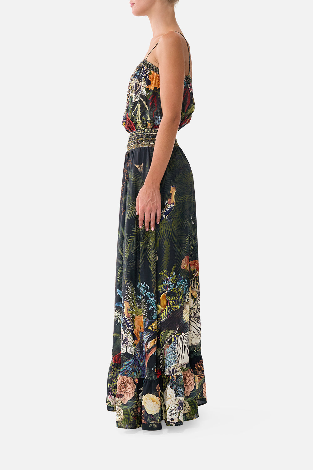 The CAMILLA Shirred Waist Long Dress in our Palace Zoology print, side view on model.