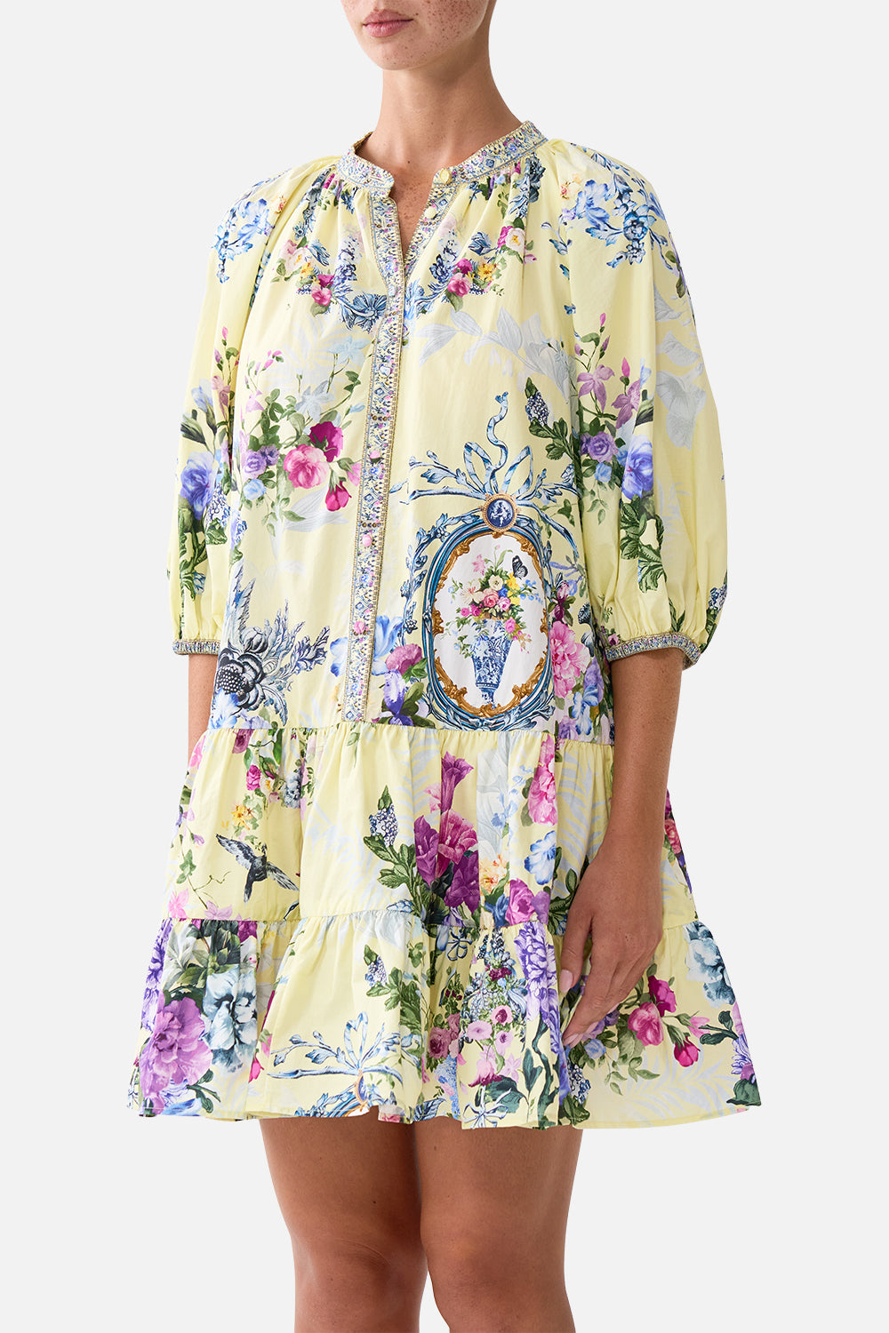 The CAMILLA Puff Sleeve Shirt Dress Chinoiserie Child in our Chinoiserie Child print.