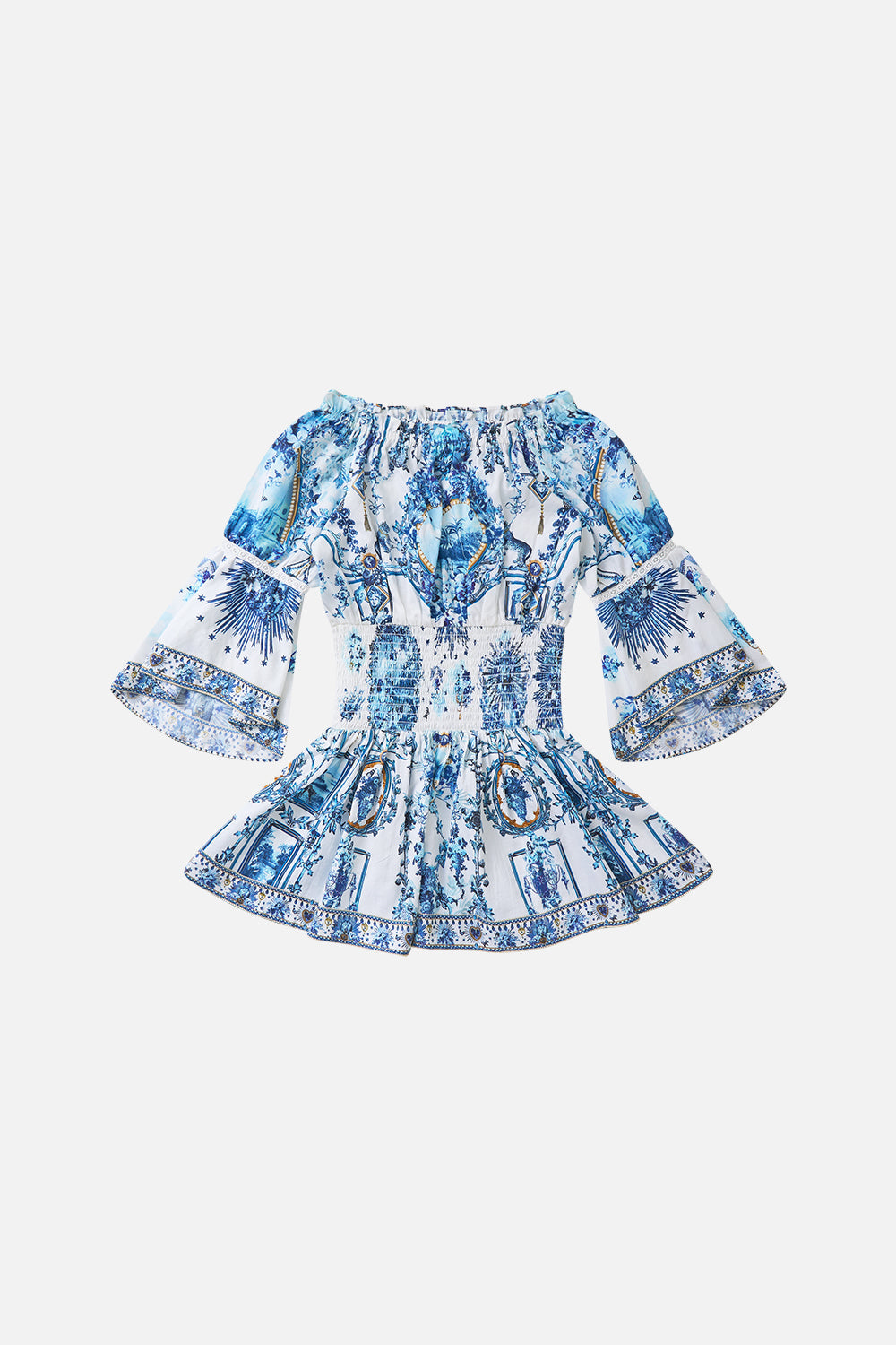 The CAMILLA Kids Off Shoulder Shirred Waist Mini Dress The Porcelain Parlour in our The Porcelain Parlour print.