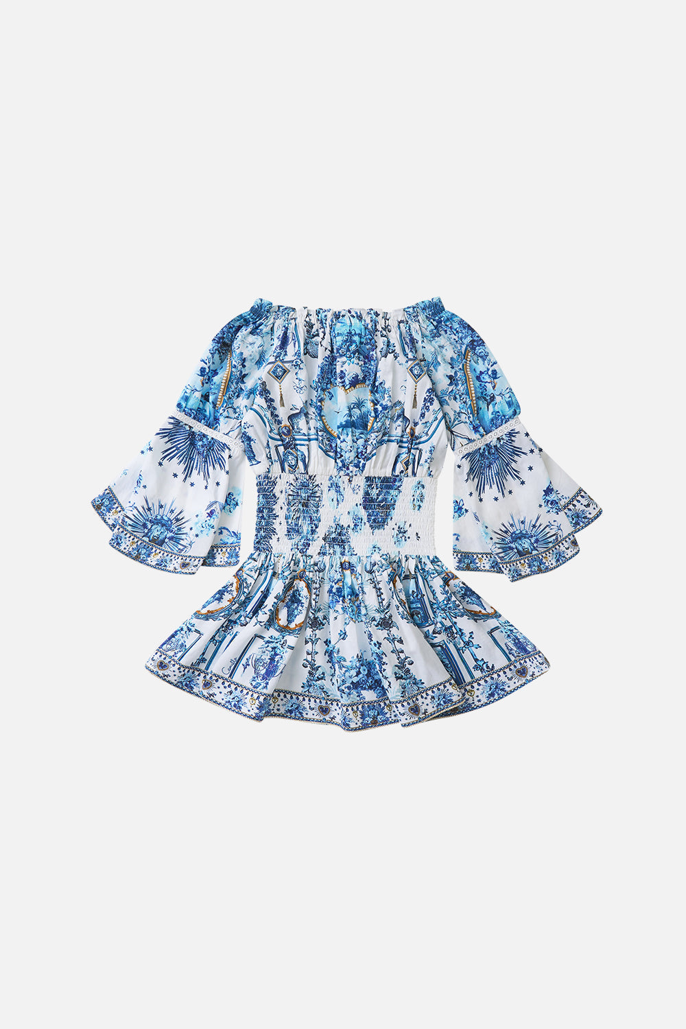 The CAMILLA KIDS OFF SHOULDER SHIRRED WAIST MINI DRESS THE PORCELAIN PARLOUR