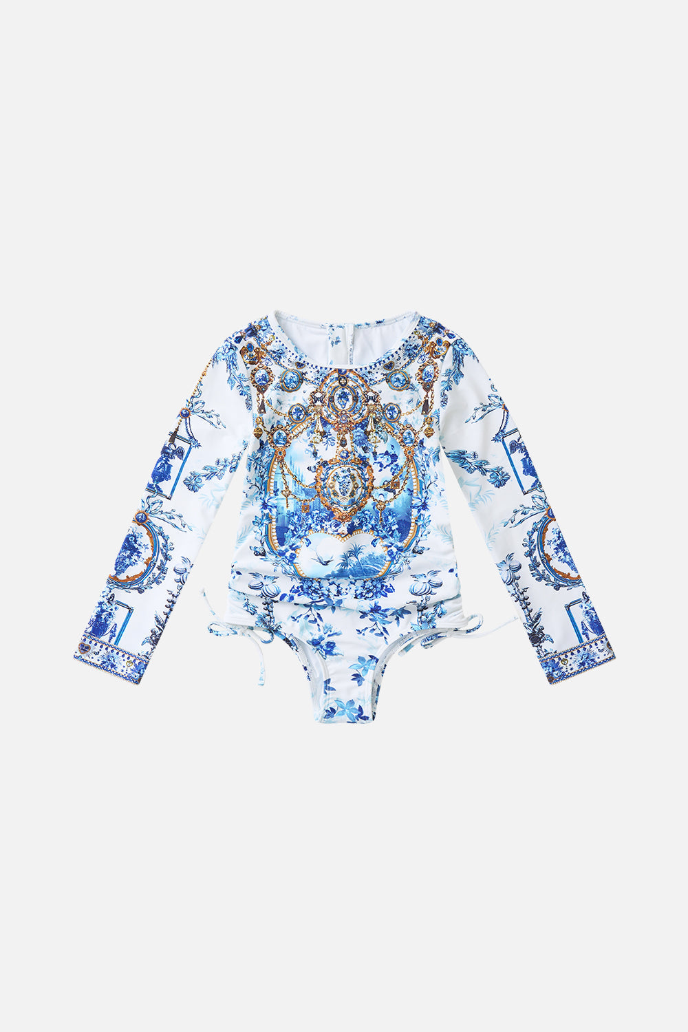 The CAMILLA Kids Ruched Tie Side Long Sleeve Paddle Suit The Porcelain Parlour in our The Porcelain Parlour print.