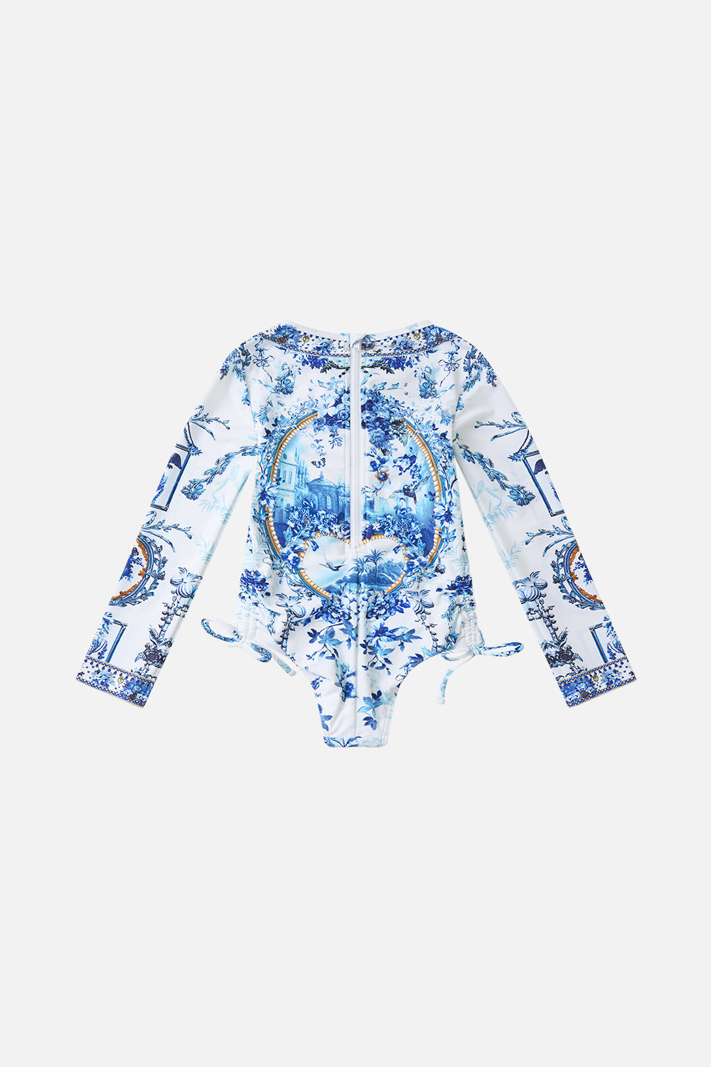 The CAMILLA Kids Ruched Tie Side Long Sleeve Paddle Suit The Porcelain Parlour in our The Porcelain Parlour print.