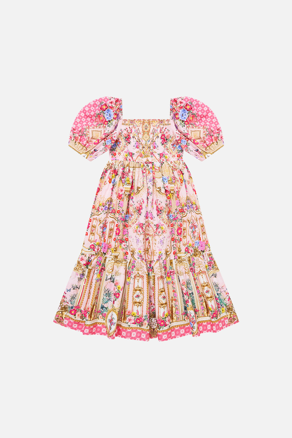 The CAMILLA Kids Tiered Midi Dress W Puff Sleeve in our She’s No Wallflower print, front view.