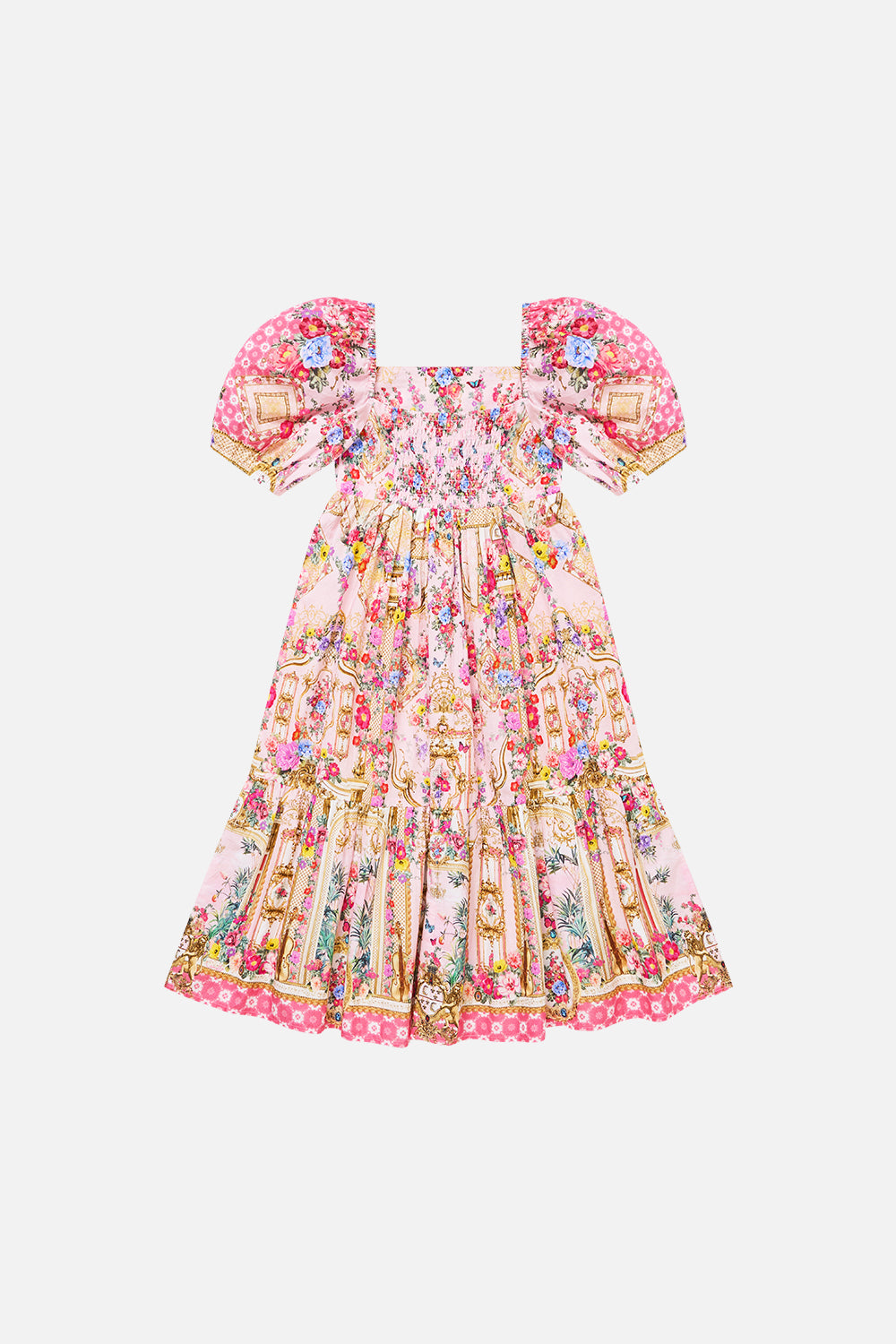 The CAMILLA Kids Tiered Midi Dress W Puff Sleeve in our She’s No Wallflower print, back view.