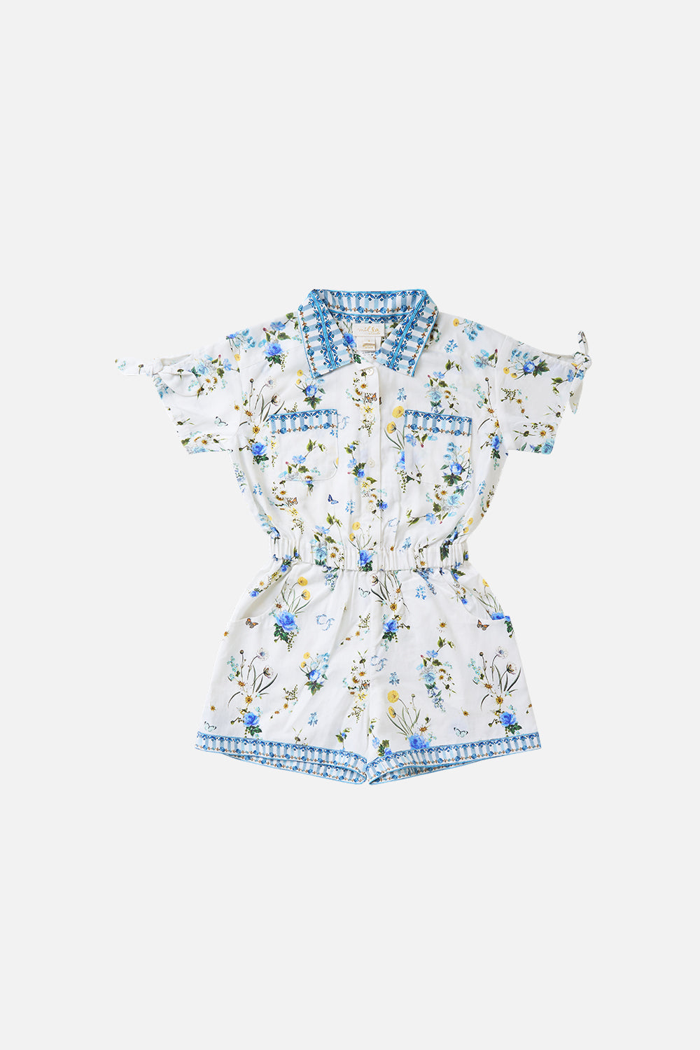 The CAMILLA KIDS SHIRT PLAYSUIT W SHORT TIE SLEEVE DANDELION SKIESDANDELION SKIES