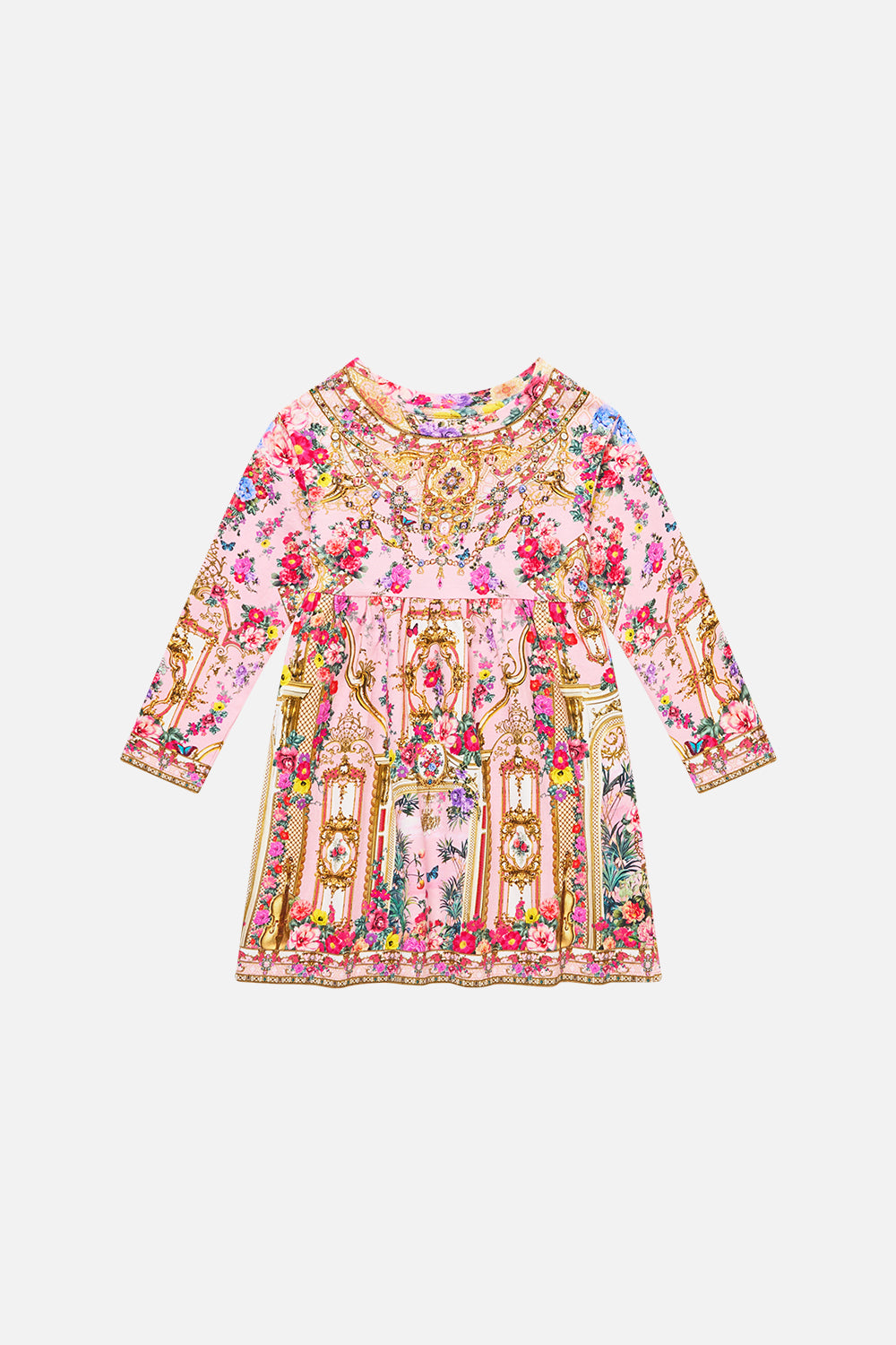 The CAMILLA Kids Long Sleeve Fleece Dress in our She’s No Wallflower print, front view.