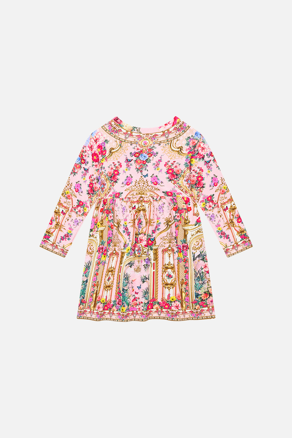 The CAMILLA Kids Long Sleeve Fleece Dress in our She’s No Wallflower print, back view.