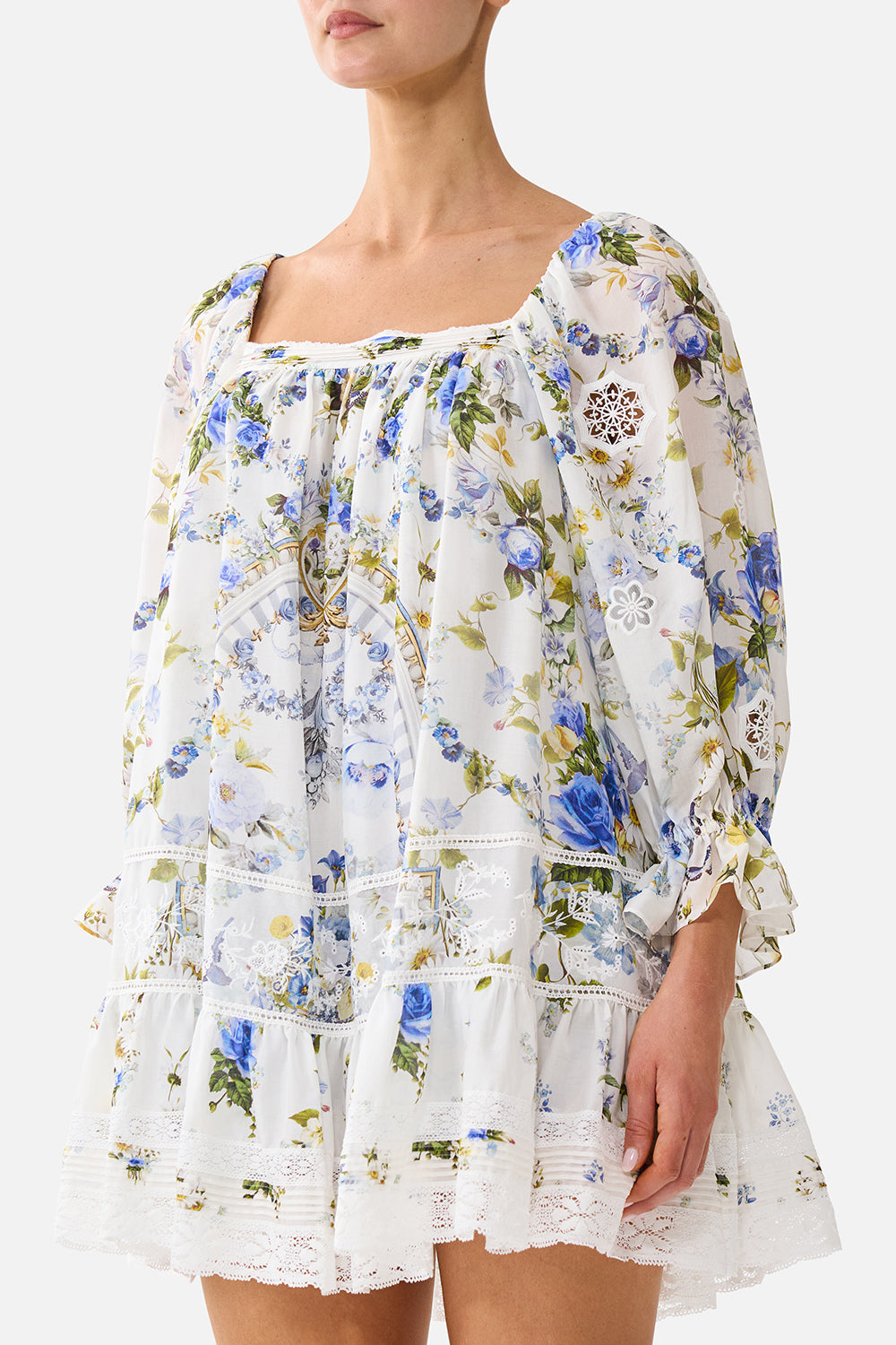 ROBE COURTE COL CARRÉ AVEC PLIS RELIEF CIEL PISSENLIT