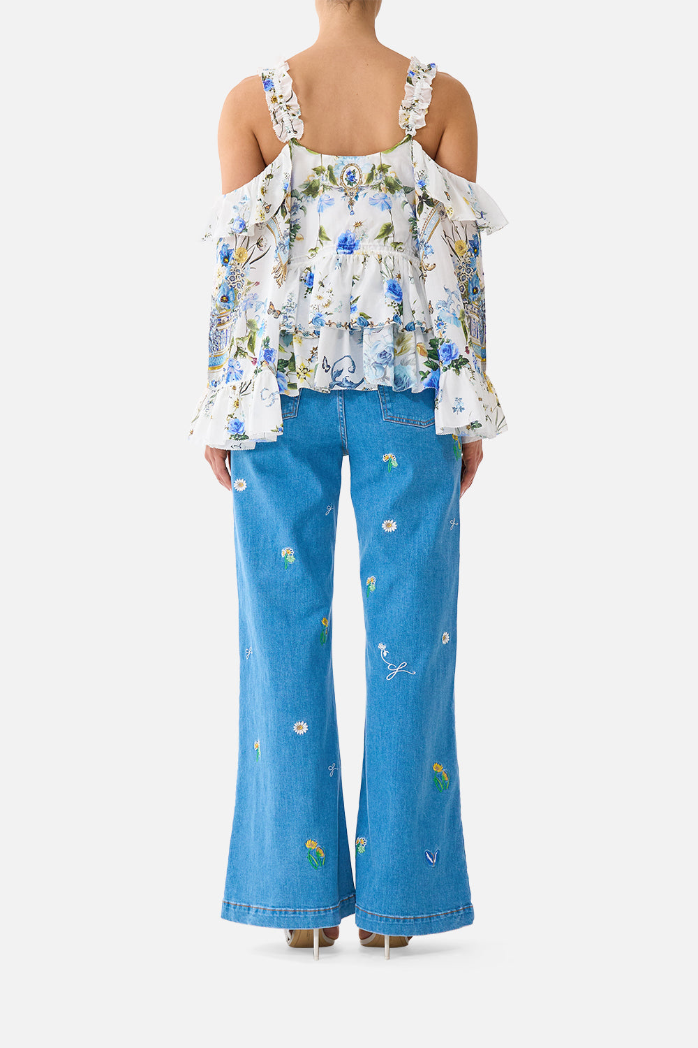 The CAMILLA COLD SHOULDER RUFFLE TOP DANDELION SKIES