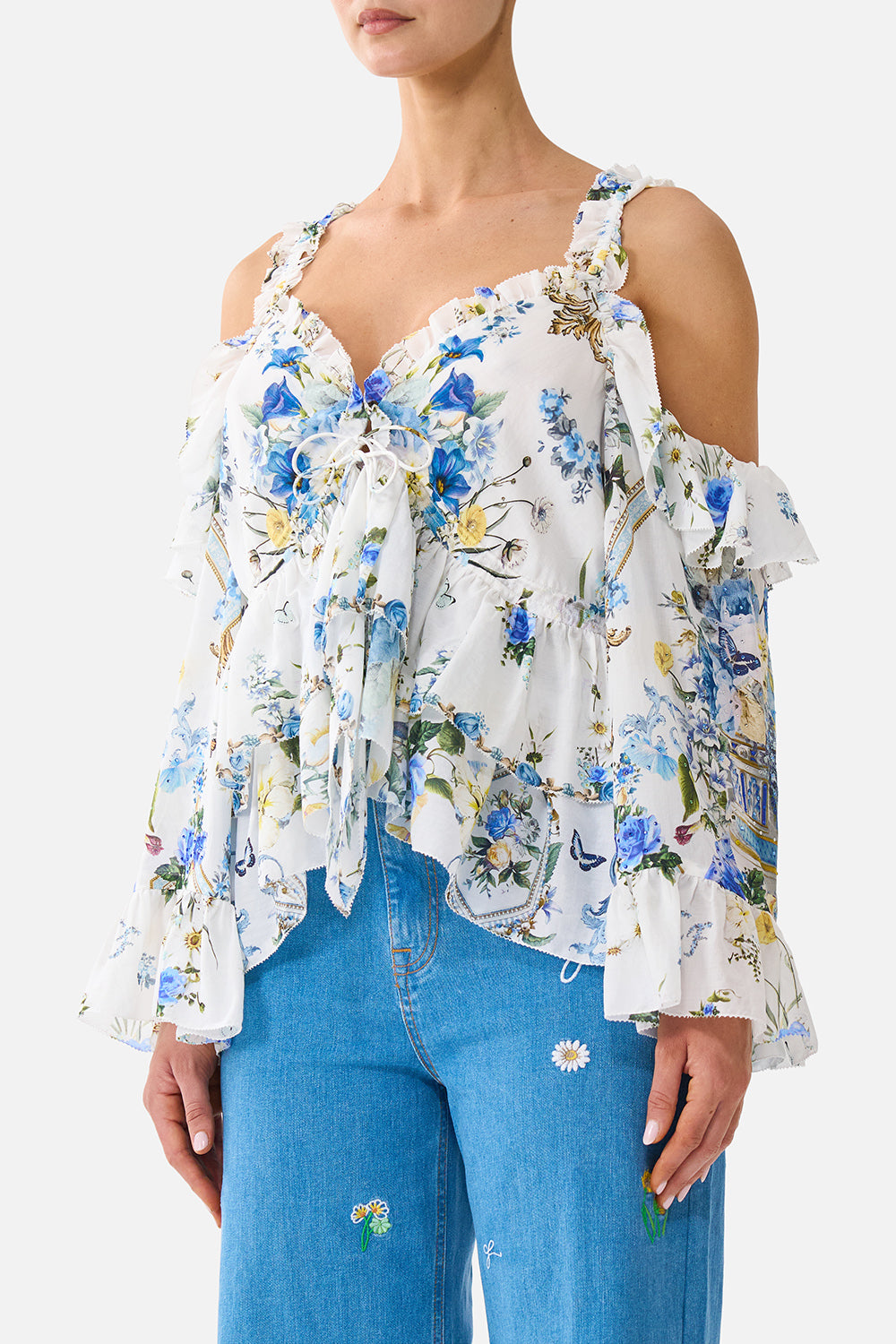 The CAMILLA COLD SHOULDER RUFFLE TOP DANDELION SKIES