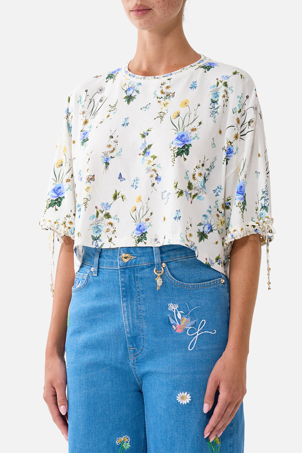 The CAMILLA Boxy Crop Tee Dandelion Skies in our Dandelion Skies print.