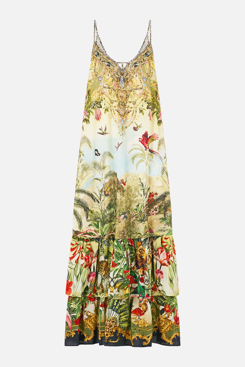 The CAMILLA Strappy Maxi Dress With Tiers Wanderlust Empire in our Wanderlust Empire print.