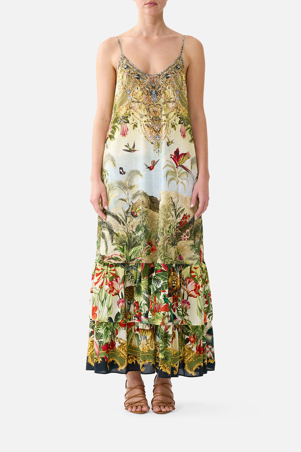 The CAMILLA Strappy Maxi Dress with Tiers in our Wanderlust Empire print, front view on model.