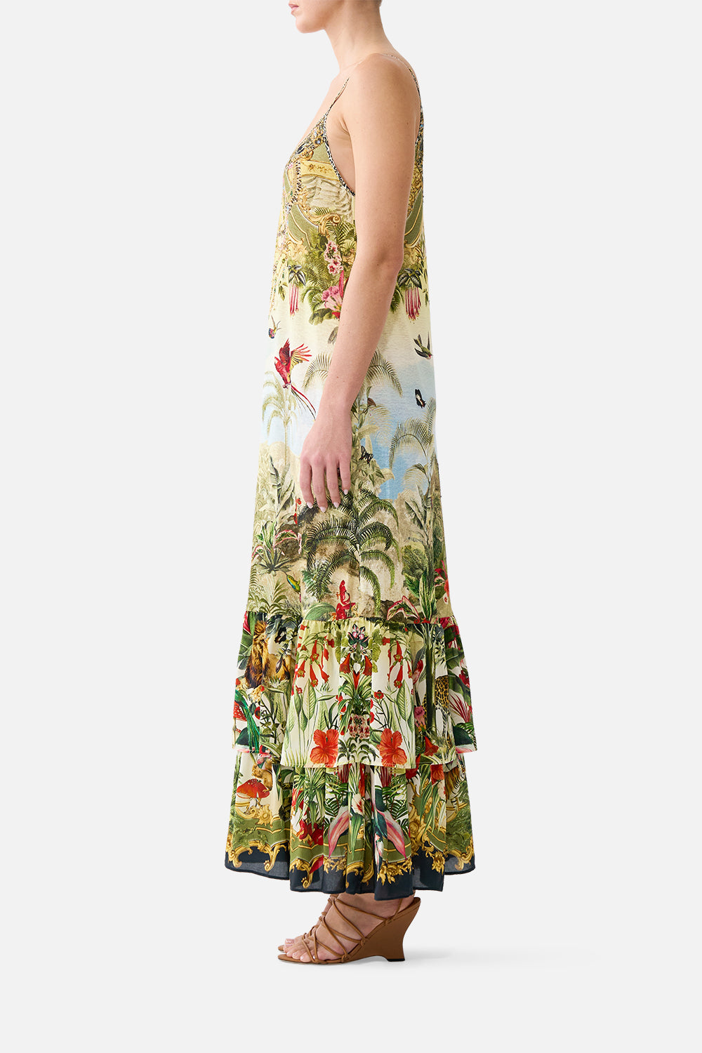 The CAMILLA Strappy Maxi Dress with Tiers in our Wanderlust Empire print, side view on model.