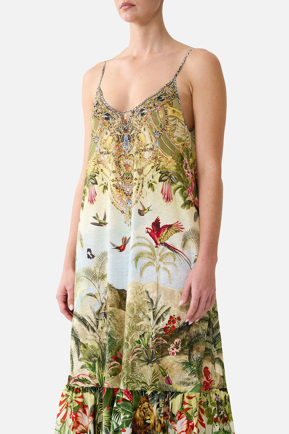 The CAMILLA Strappy Maxi Dress with Tiers in our Wanderlust Empire print, detail view on model.