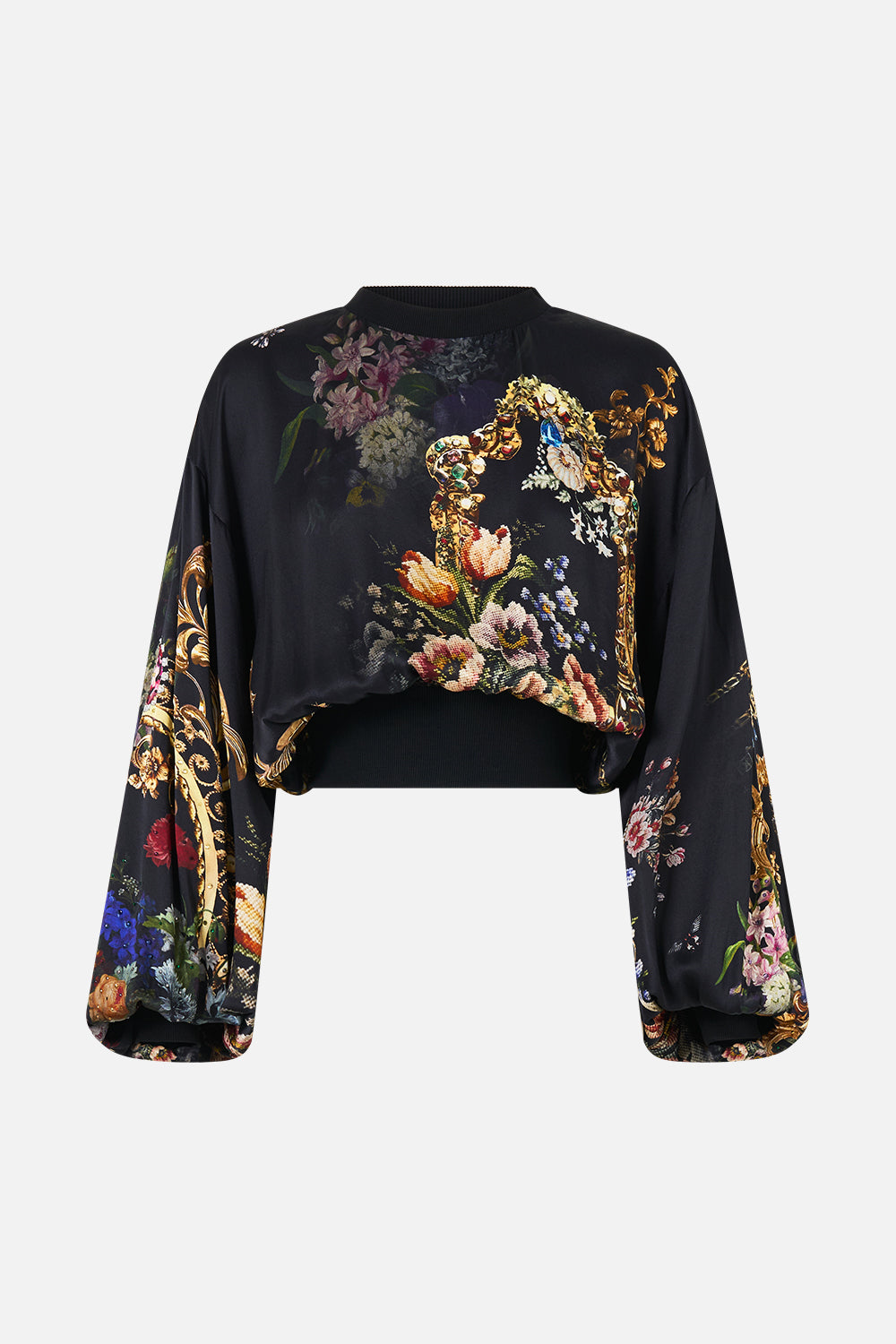 The CAMILLA SHORT SLEEVE CAMP COLLARED SHIRT DANDELION SKIES in our  print.
