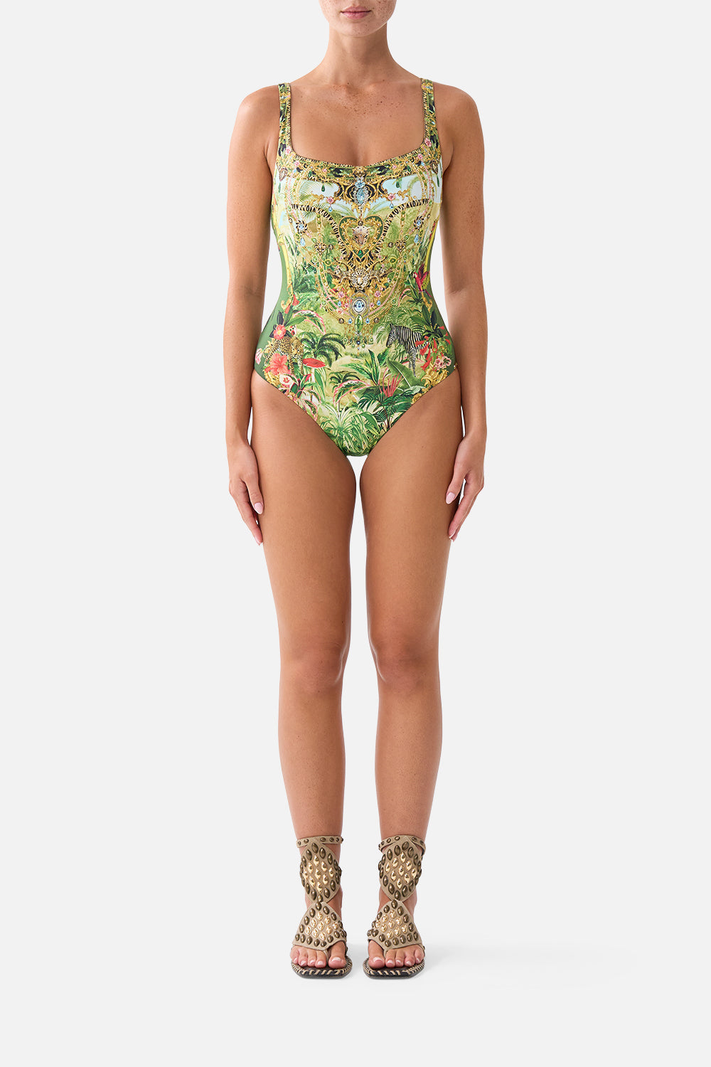 The CAMILLA Underwire Square Neck One Piece W/ Scoop Back Wanderlust Empire in our Wanderlust Empire print.
